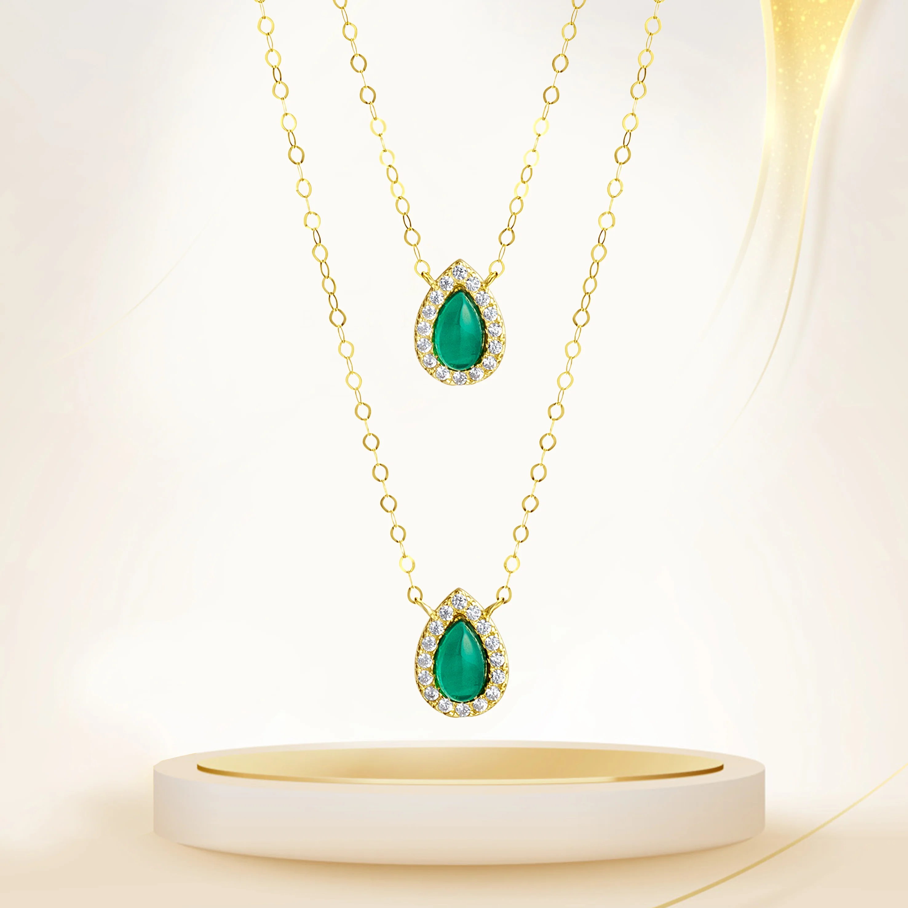 18K Pure Gold 2 Layer Green Stone Necklace - Image 6