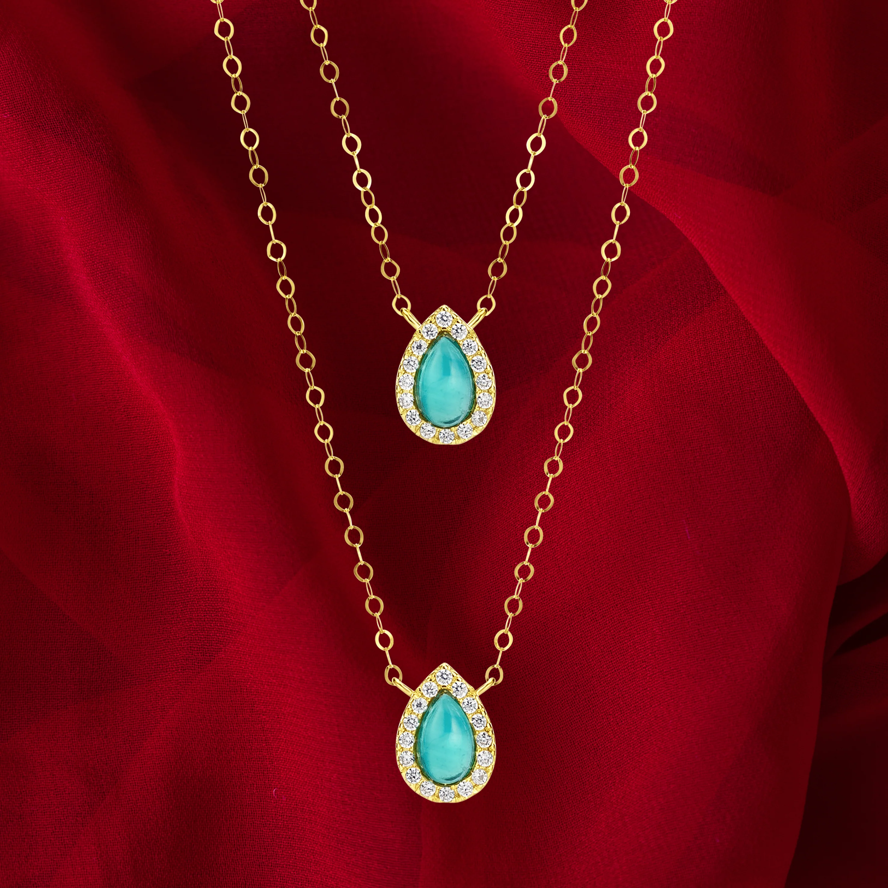 18K Pure Gold 2 Layer Sky Blue Stone Necklace - Image 3