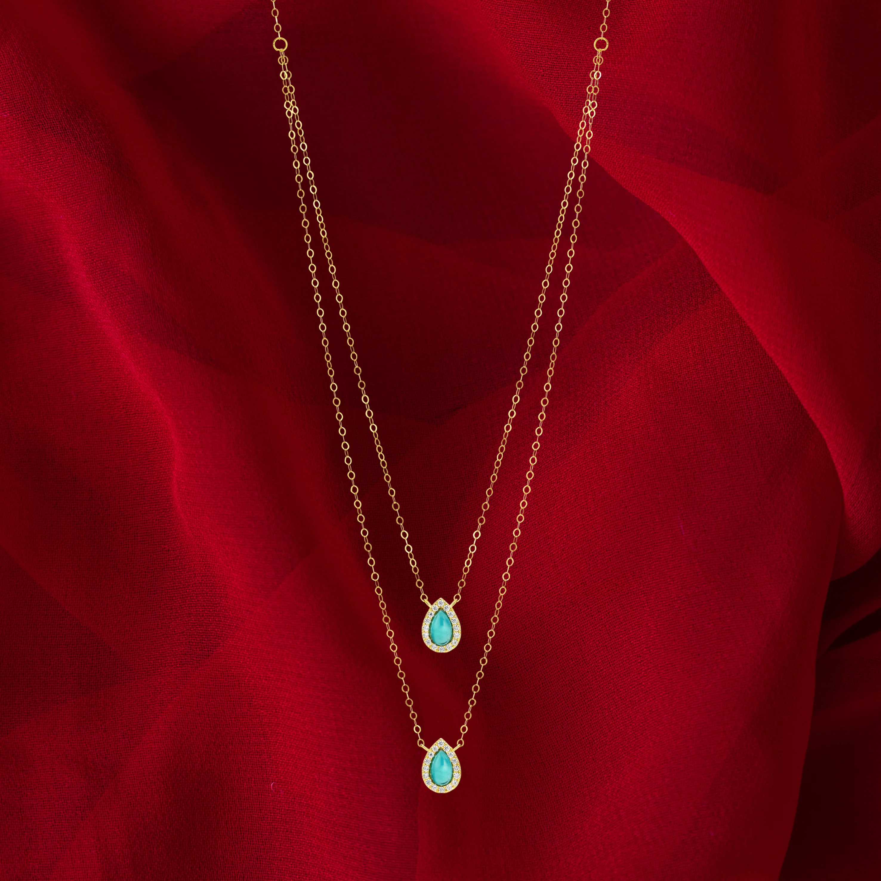 18K Pure Gold 2 Layer Sky Blue Stone Necklace - Image 4