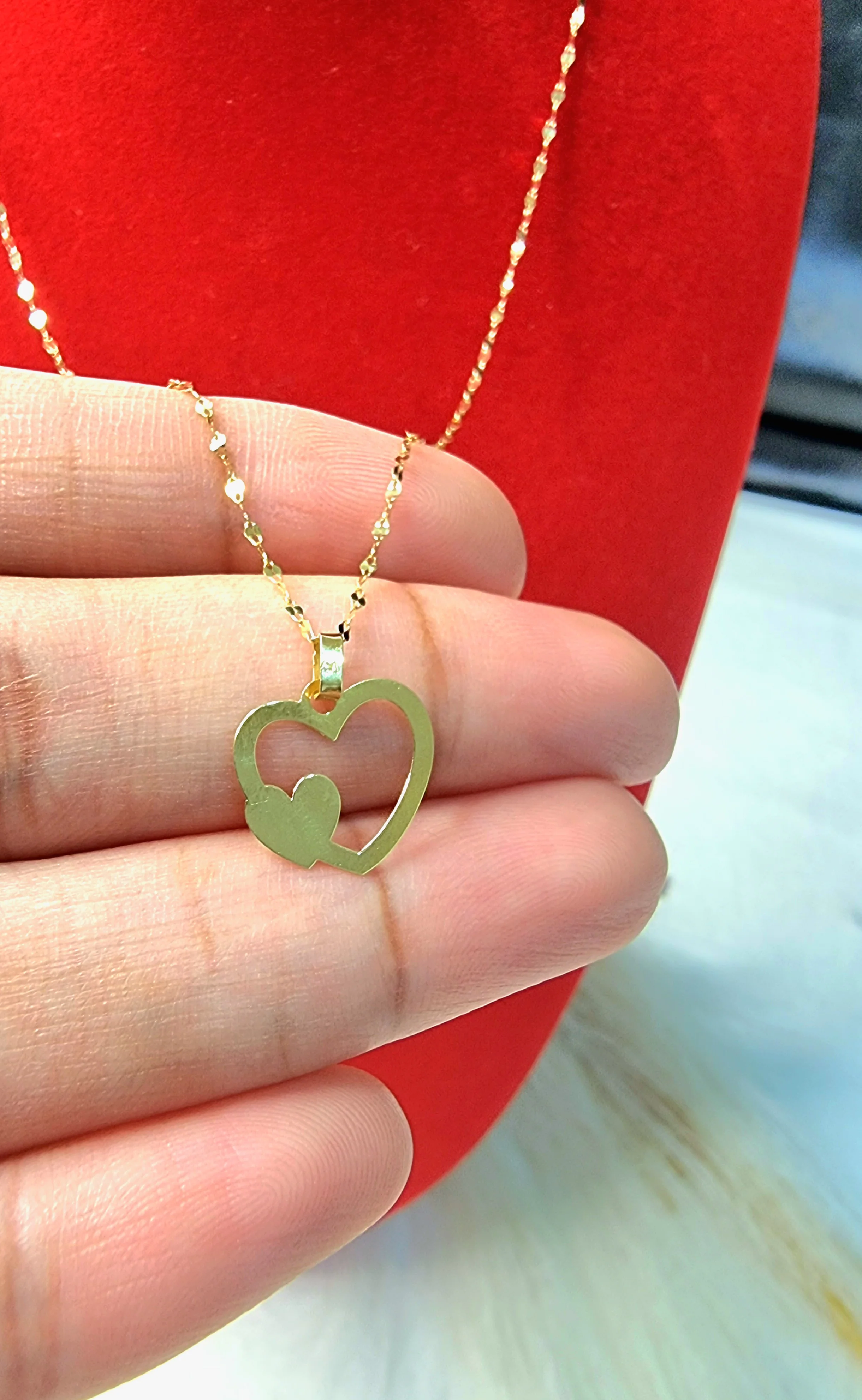 18K Pure Gold Double Heart Design Necklace - Image 5