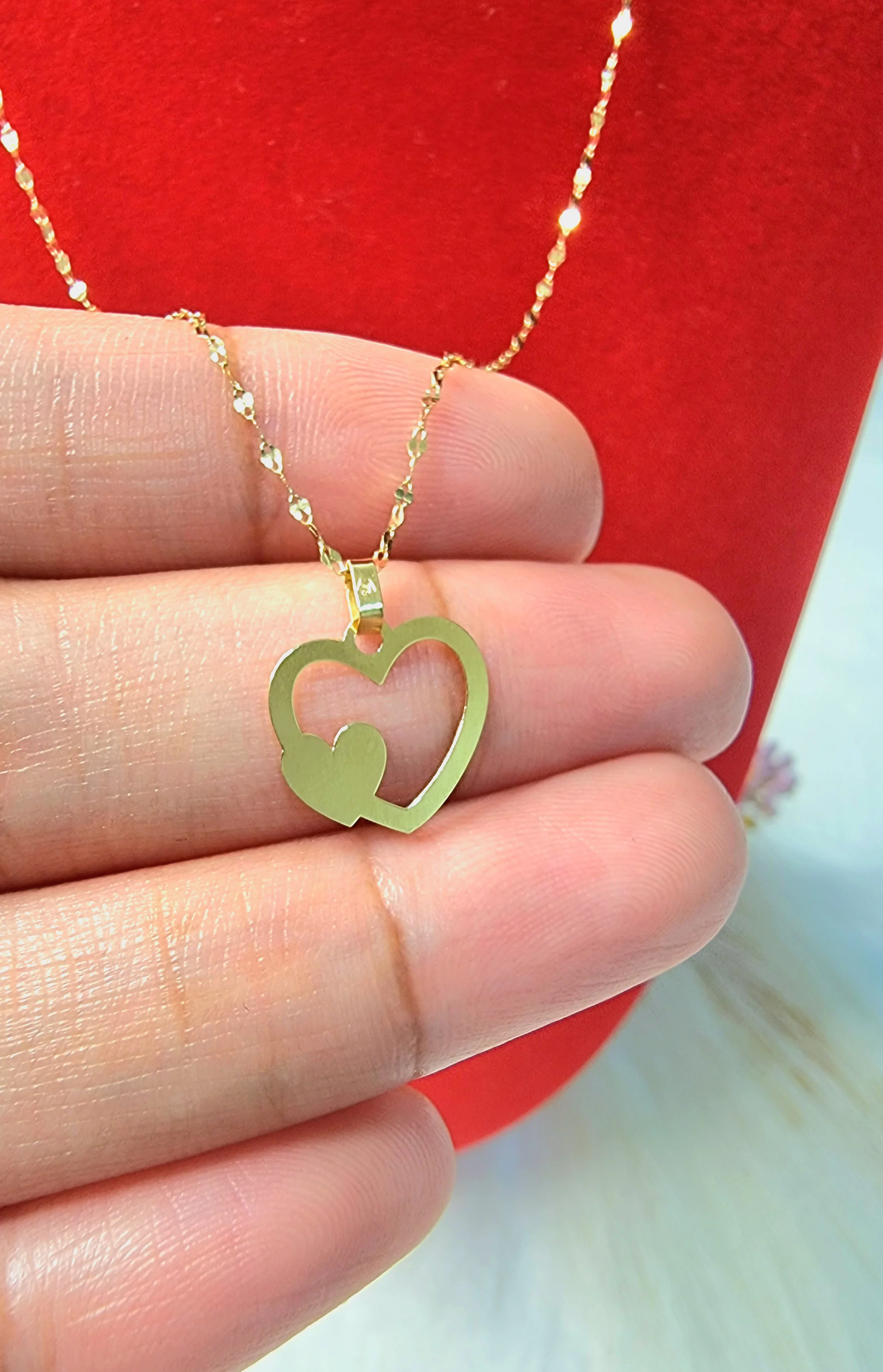 18K Pure Gold Double Heart Design Necklace - Image 6