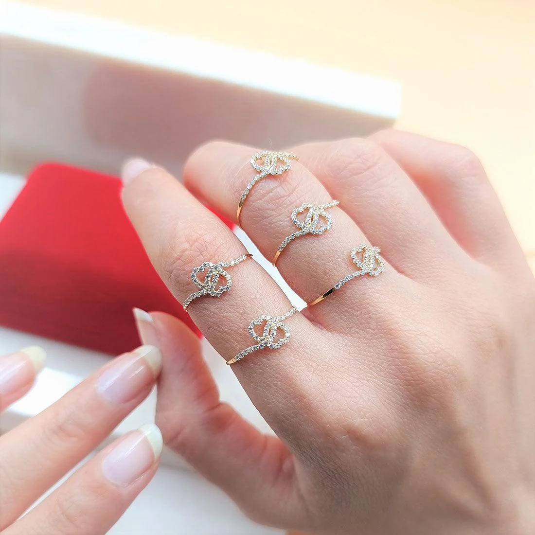 18K Pure Gold Double Heart Design w/ Zircon Stone Ring