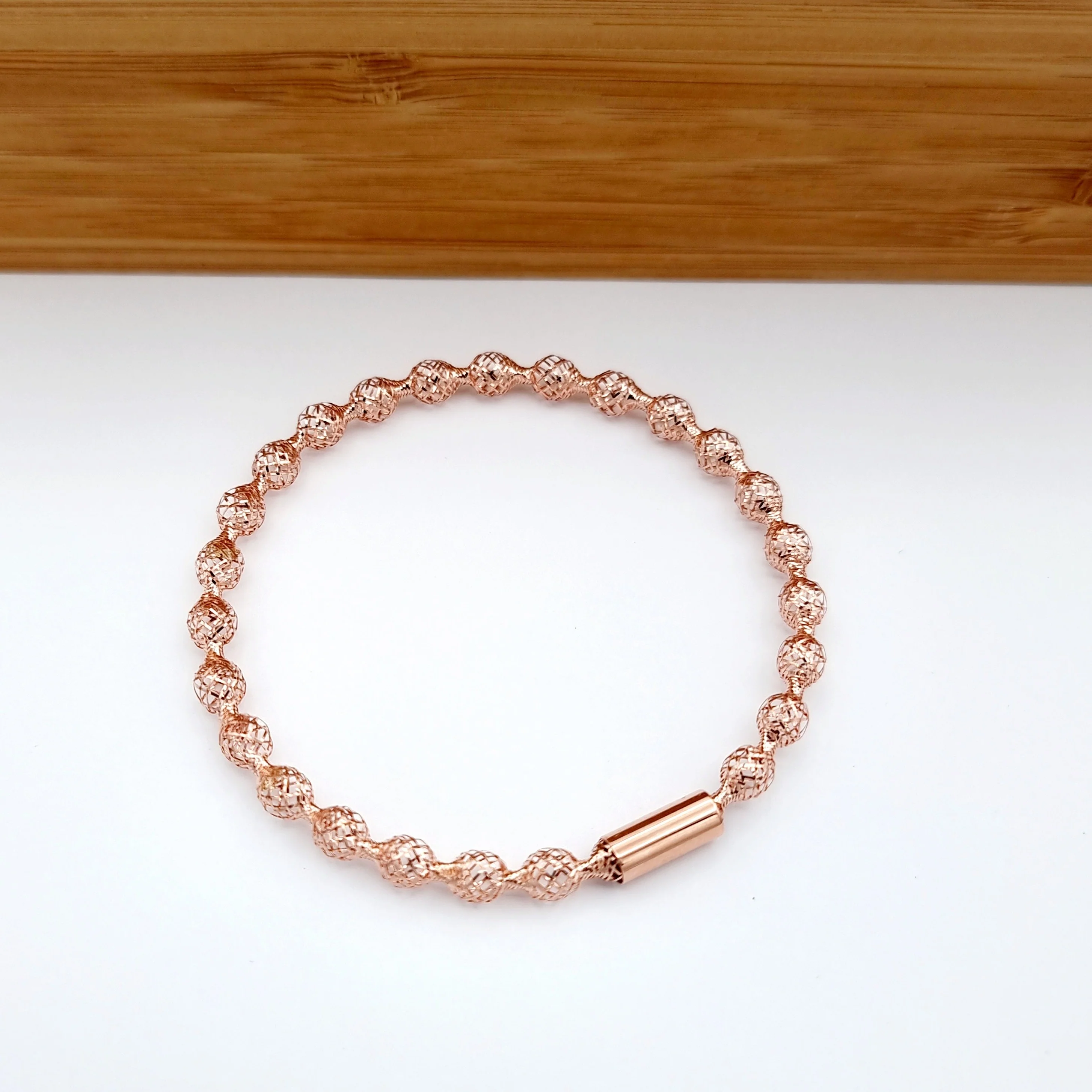 18K Pure Gold Elastic Net Ball Rose Bangle - Image 11