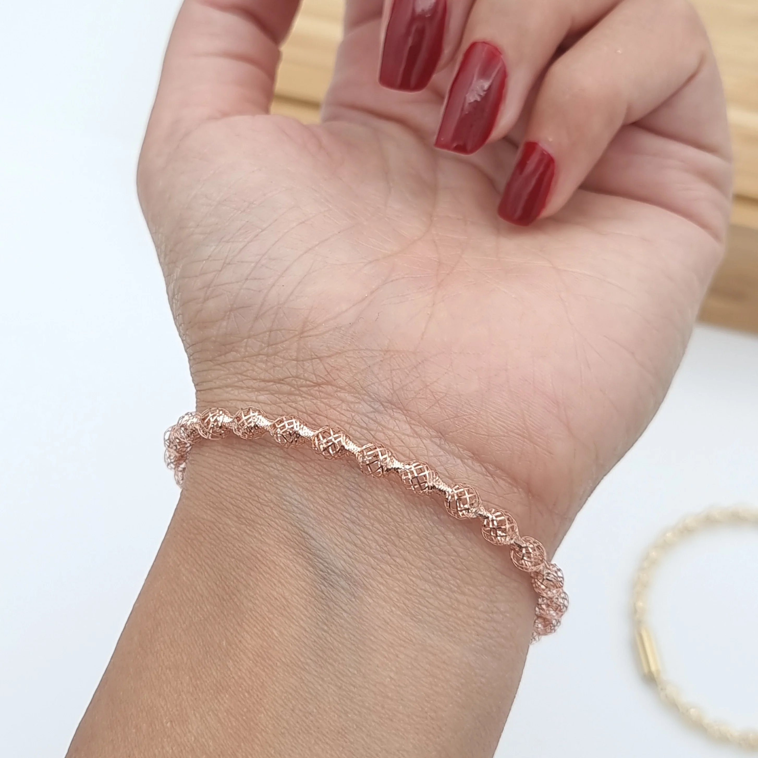 18K Pure Gold Elastic Net Ball Rose Bangle - Image 12