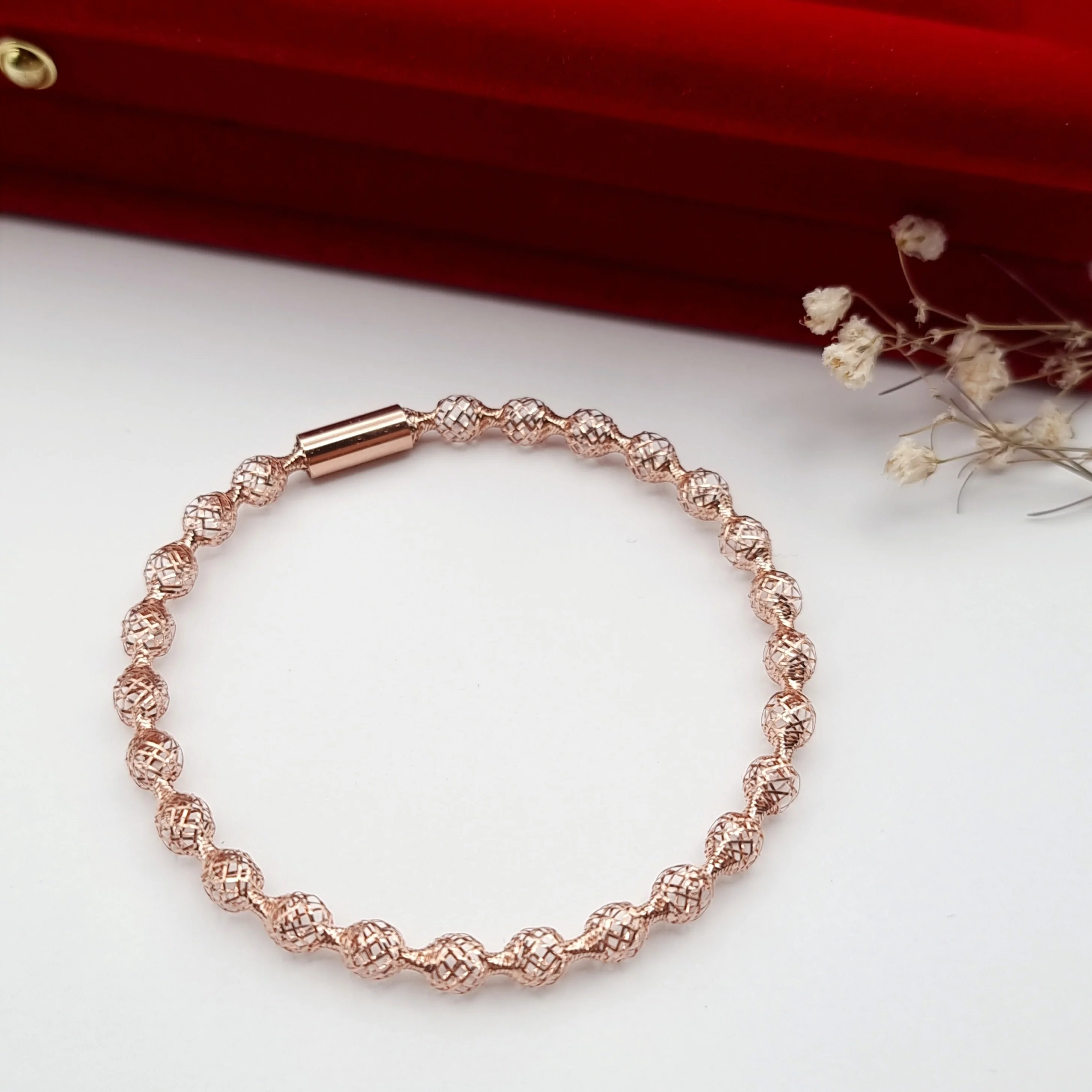 18K Pure Gold Elastic Net Ball Rose Bangle - Image 2