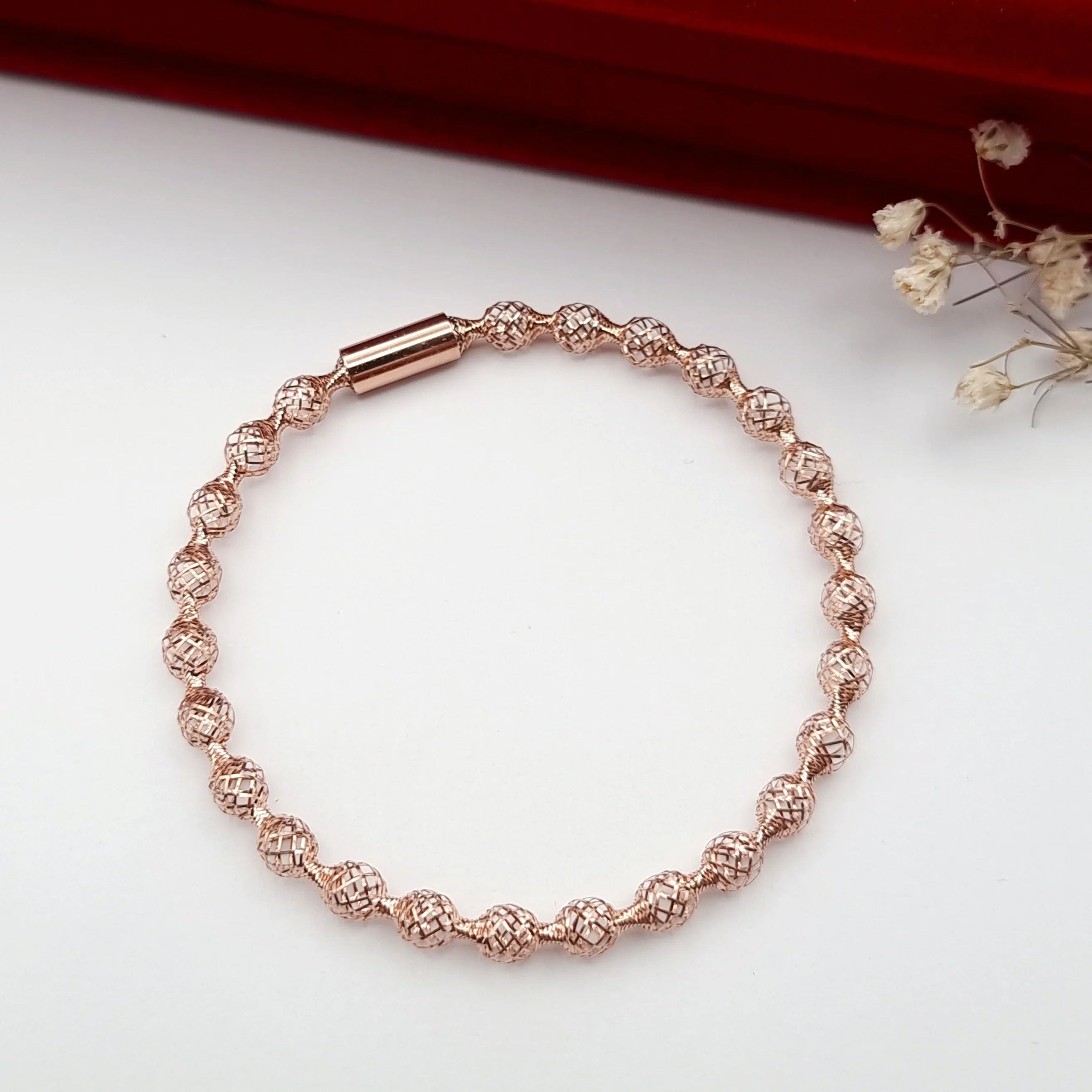18K Pure Gold Elastic Net Ball Rose Bangle - Image 8
