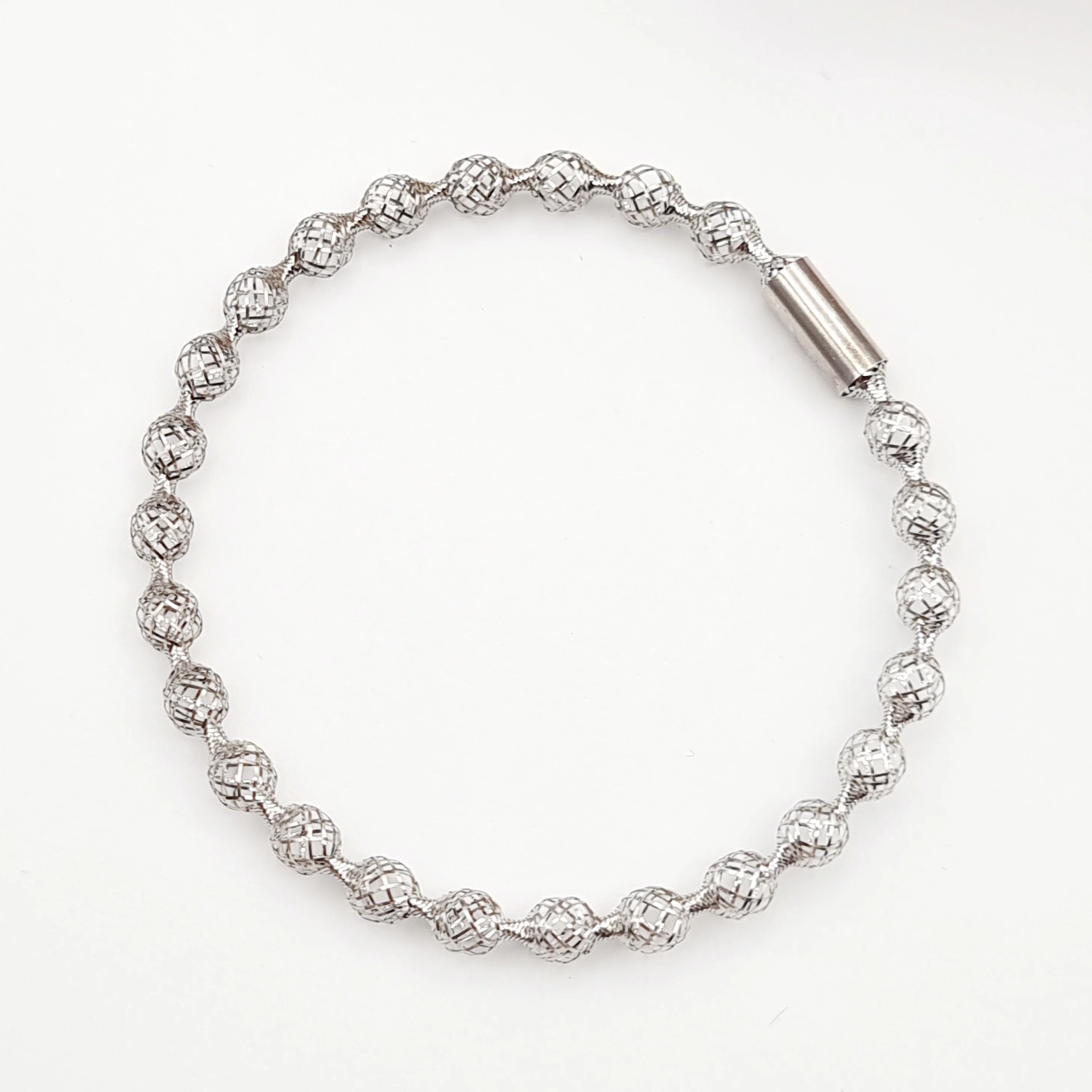 18K Pure Gold Elastic Net Ball White Bangle - Image 11