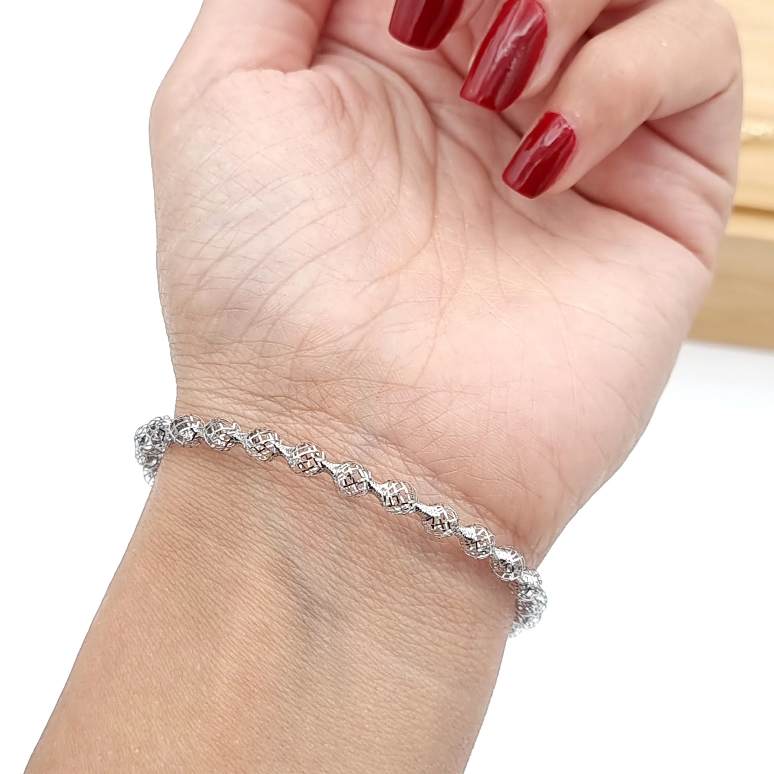 18K Pure Gold Elastic Net Ball White Bangle - Image 2