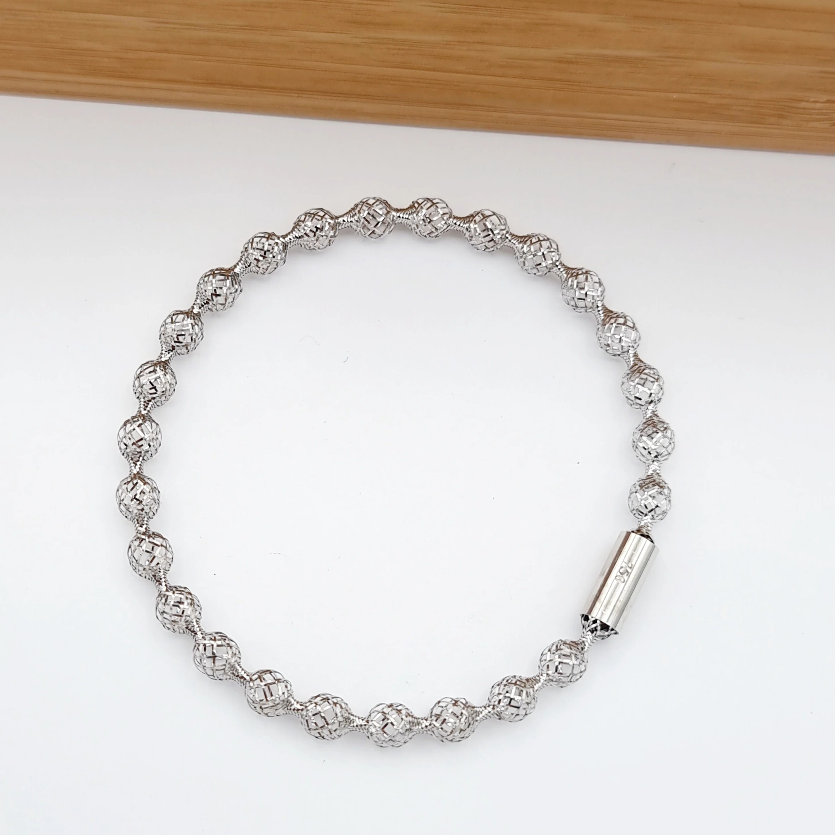 18K Pure Gold Elastic Net Ball White Bangle - Image 5