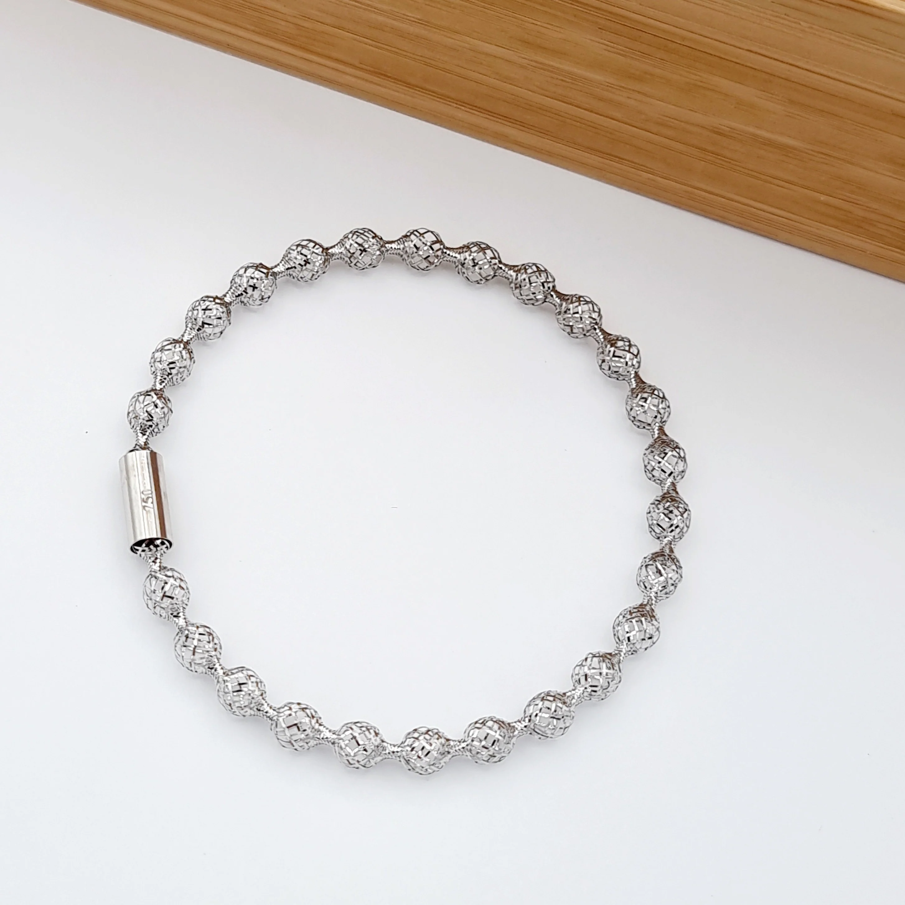 18K Pure Gold Elastic Net Ball White Bangle - Image 7