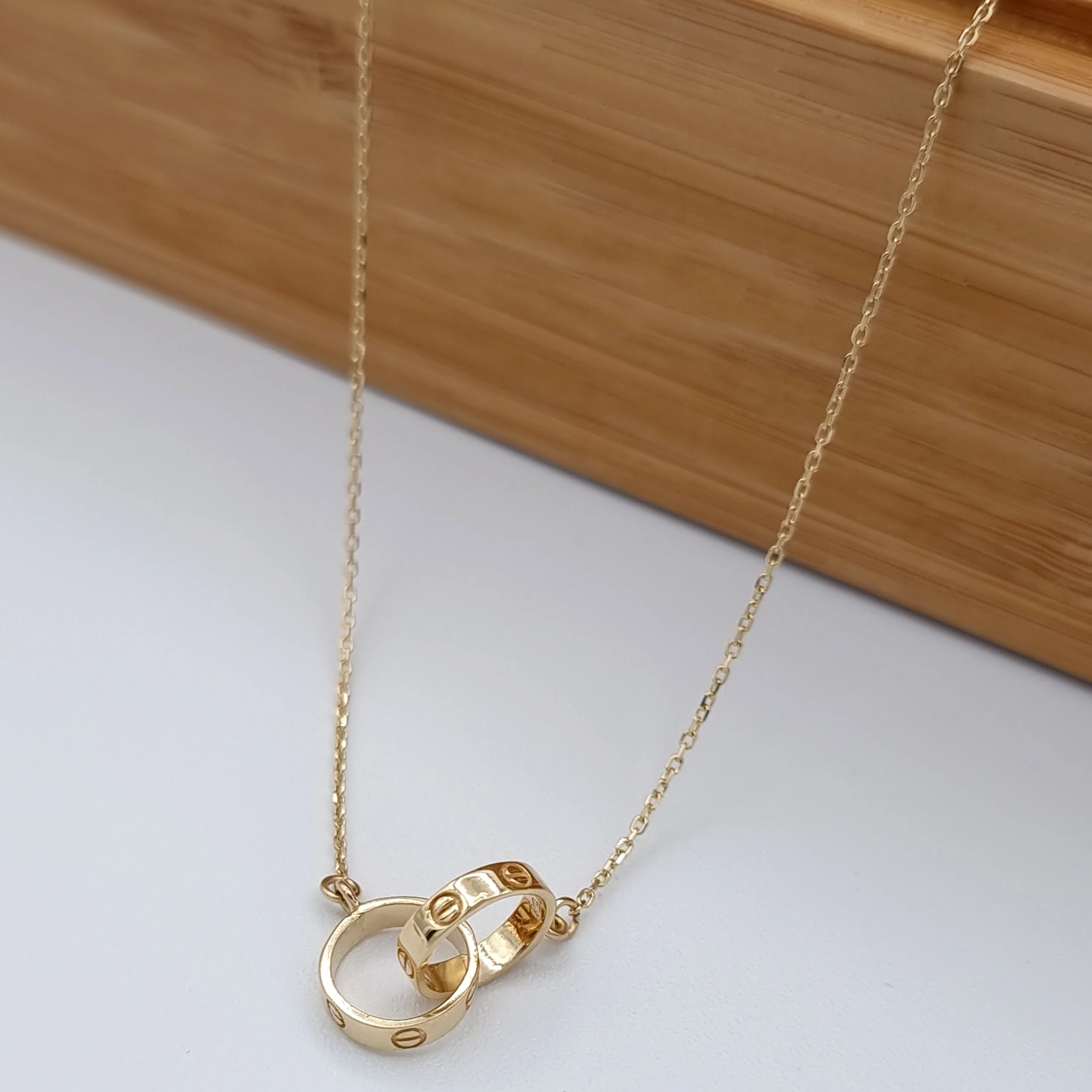 18K Pure Gold Elegant Double Round C.H Ring Necklace - Image 5