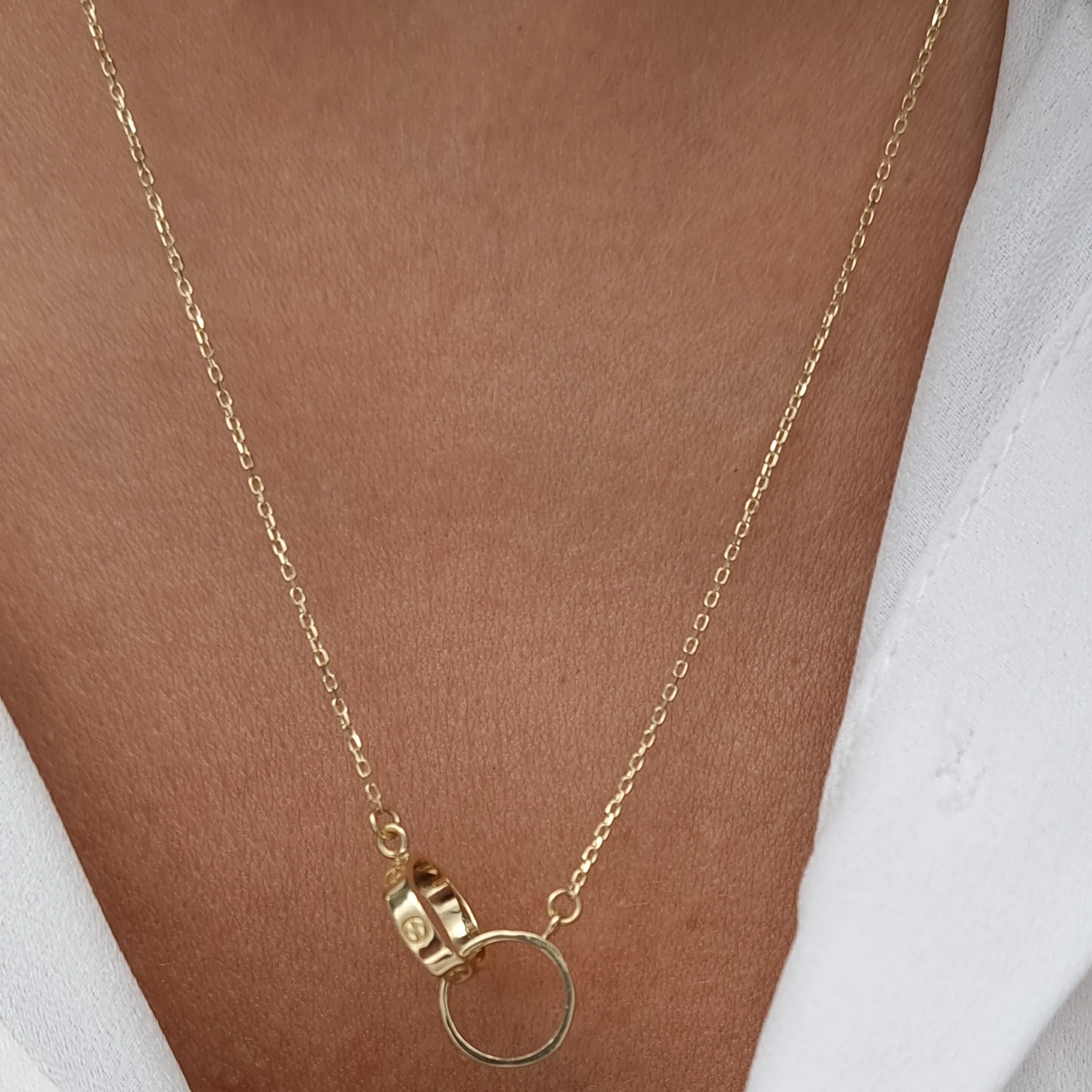 18K Pure Gold Elegant Double Round C.H Ring Necklace - Image 7