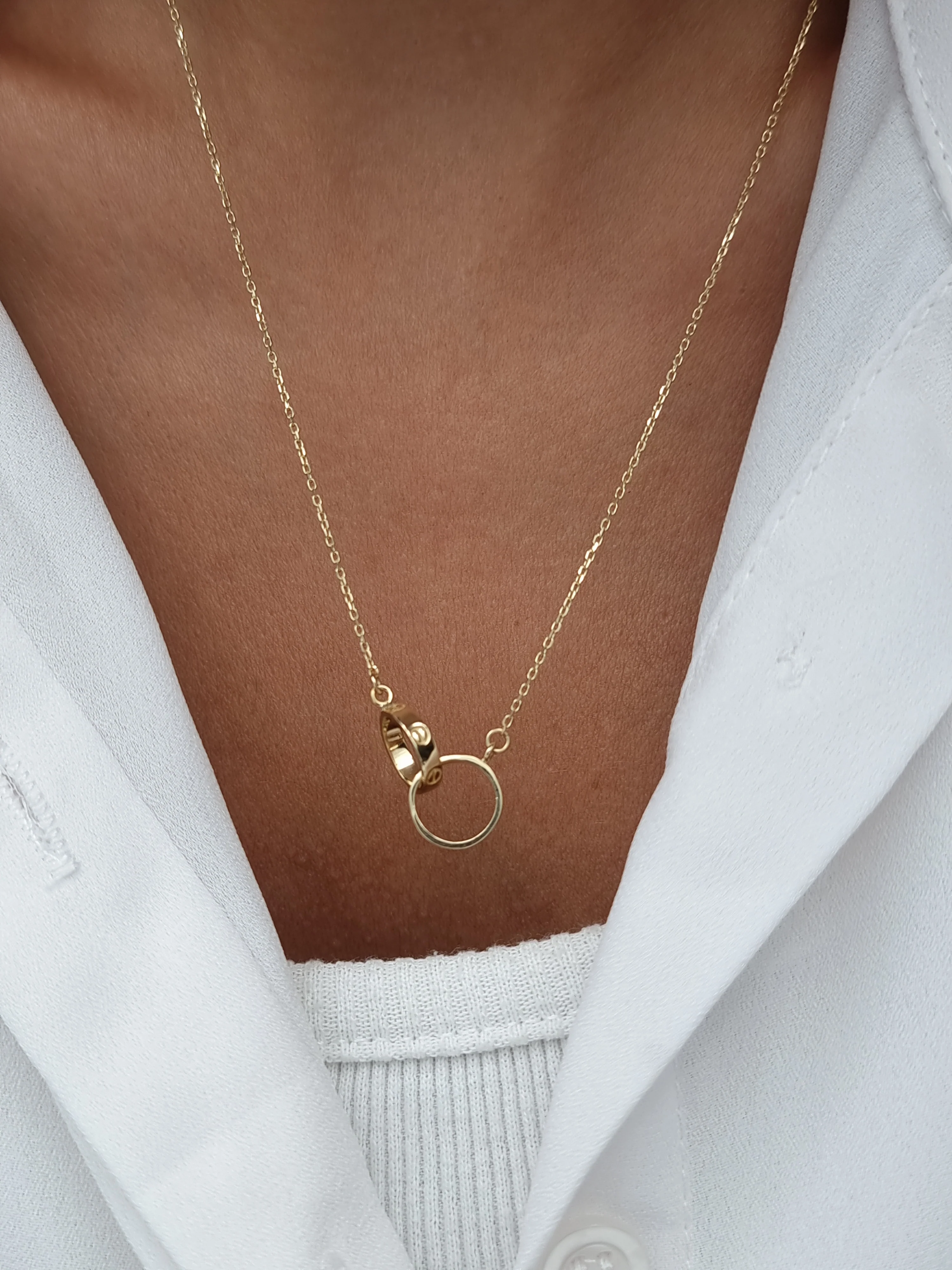 18K Pure Gold Elegant Double Round C.H Ring Necklace - Image 8