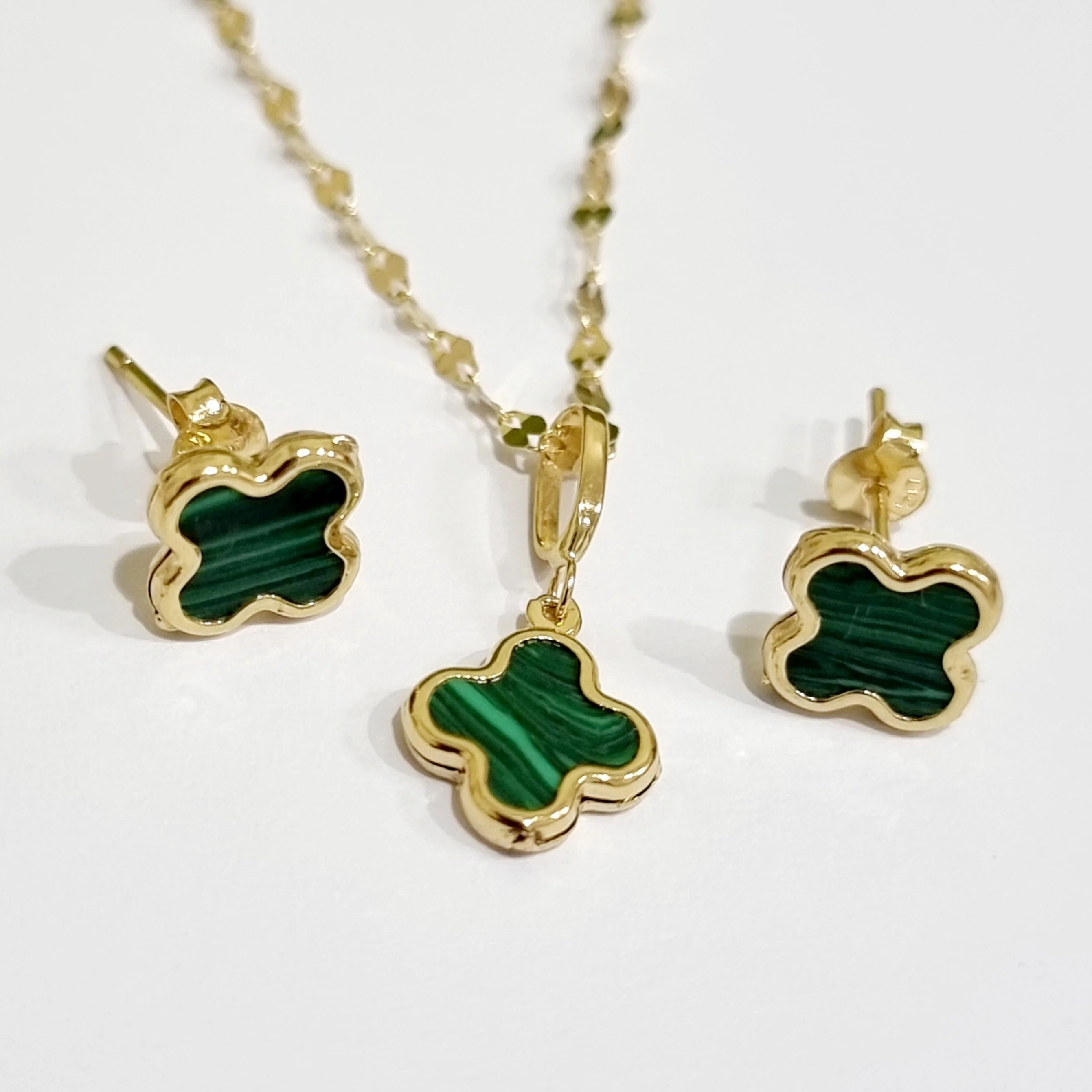 18K Pure Gold Green Flower Jewelry Set