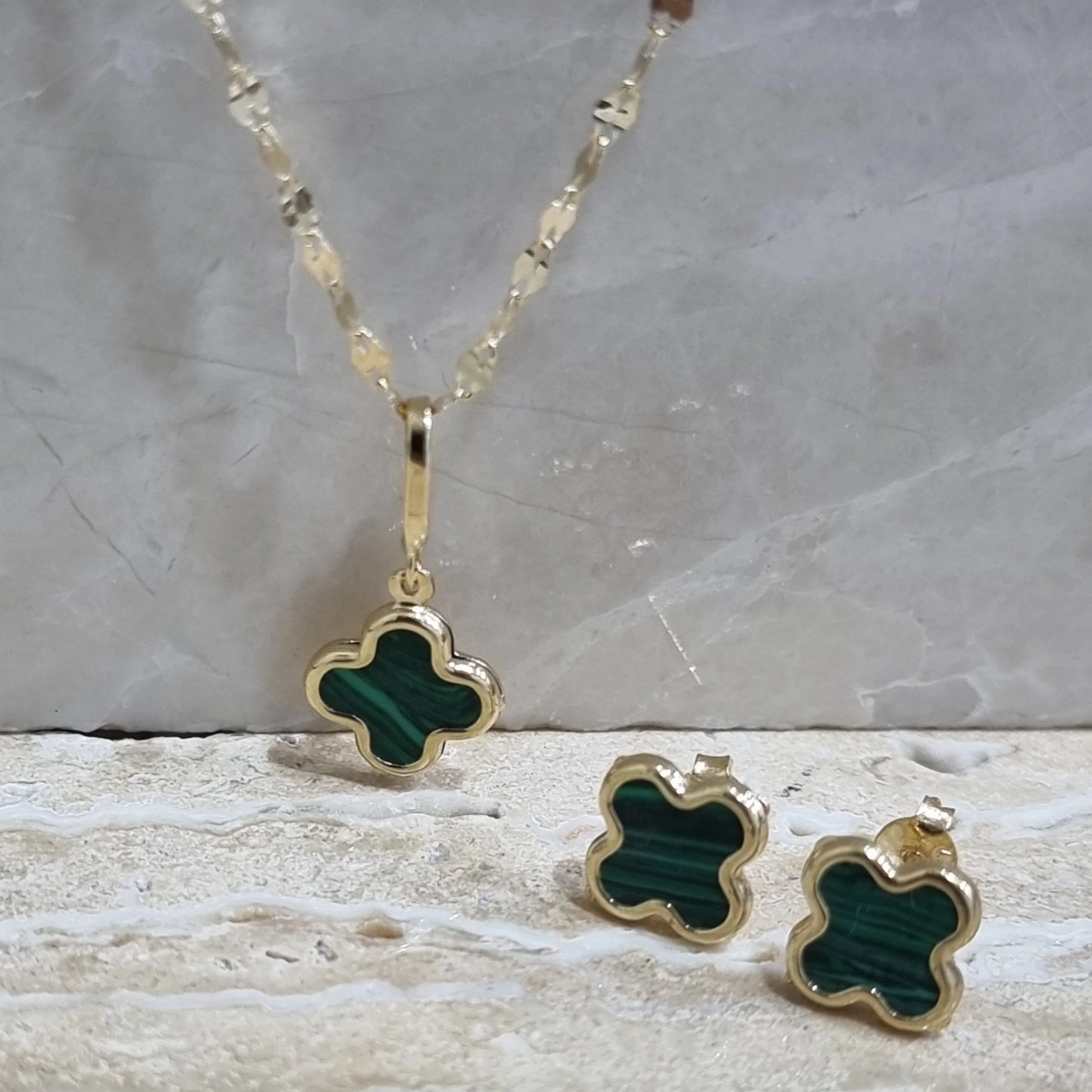 18K Pure Gold Green Flower Jewelry Set - Image 2