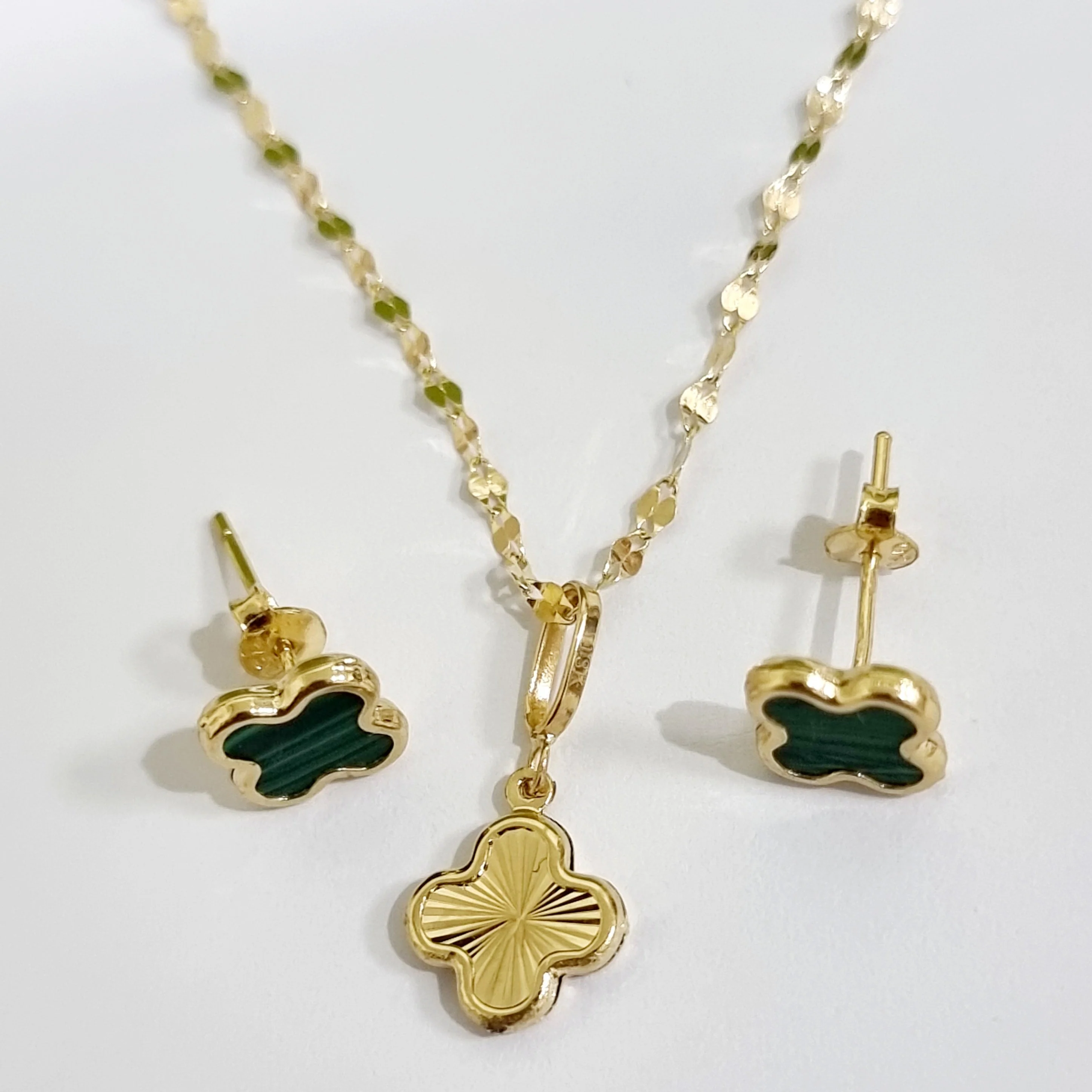 18K Pure Gold Green Flower Jewelry Set - Image 3