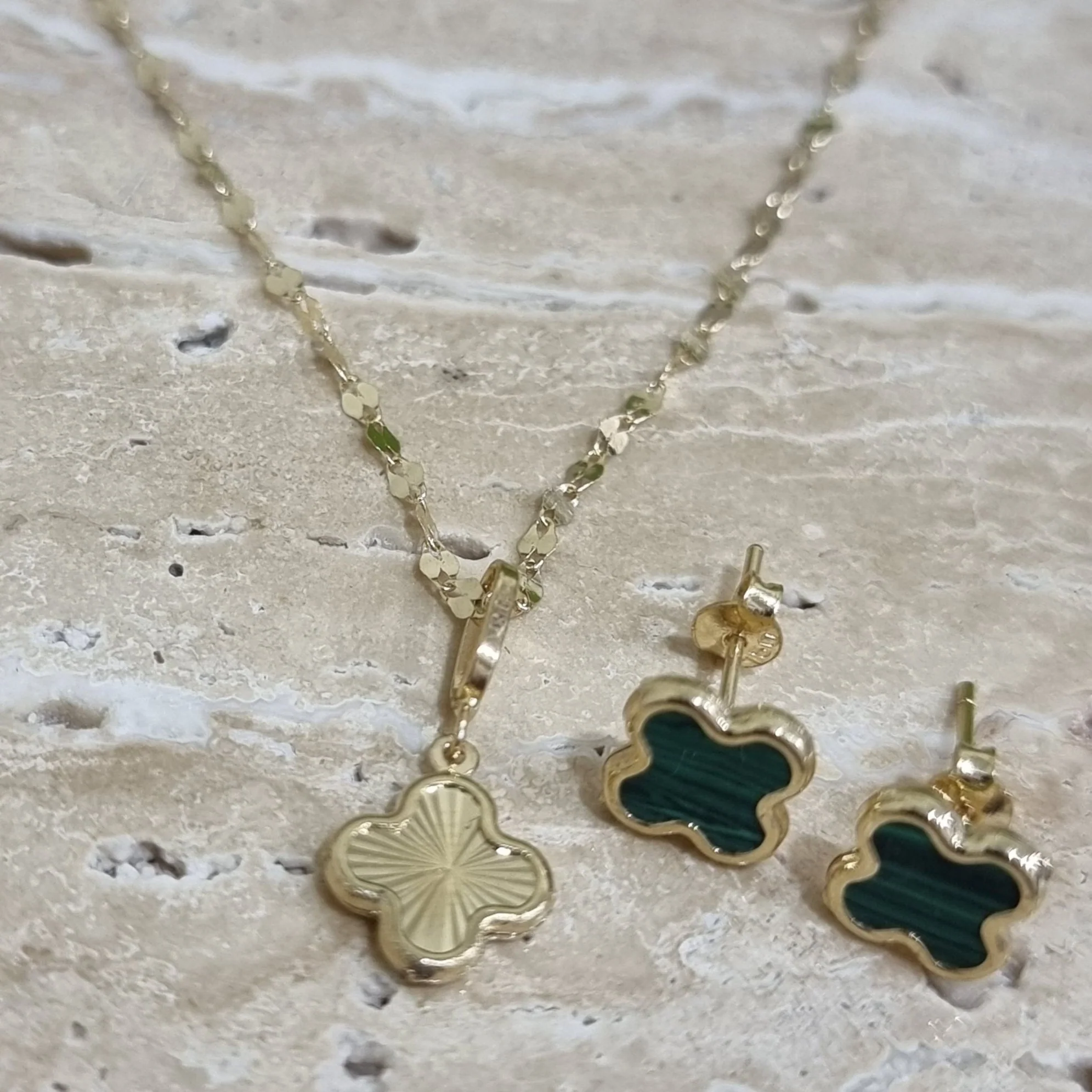 18K Pure Gold Green Flower Jewelry Set - Image 4