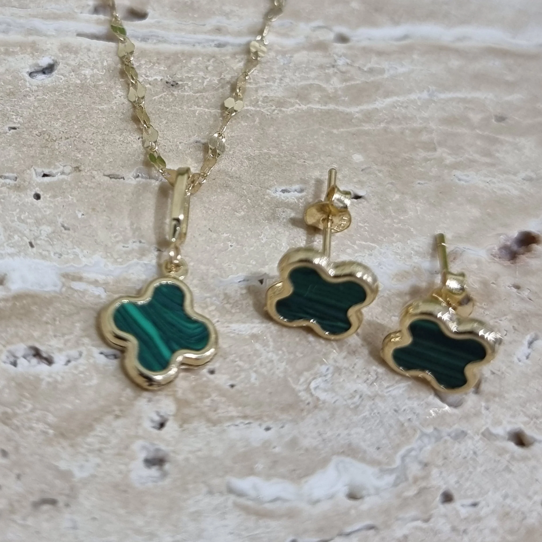 18K Pure Gold Green Flower Jewelry Set - Image 5
