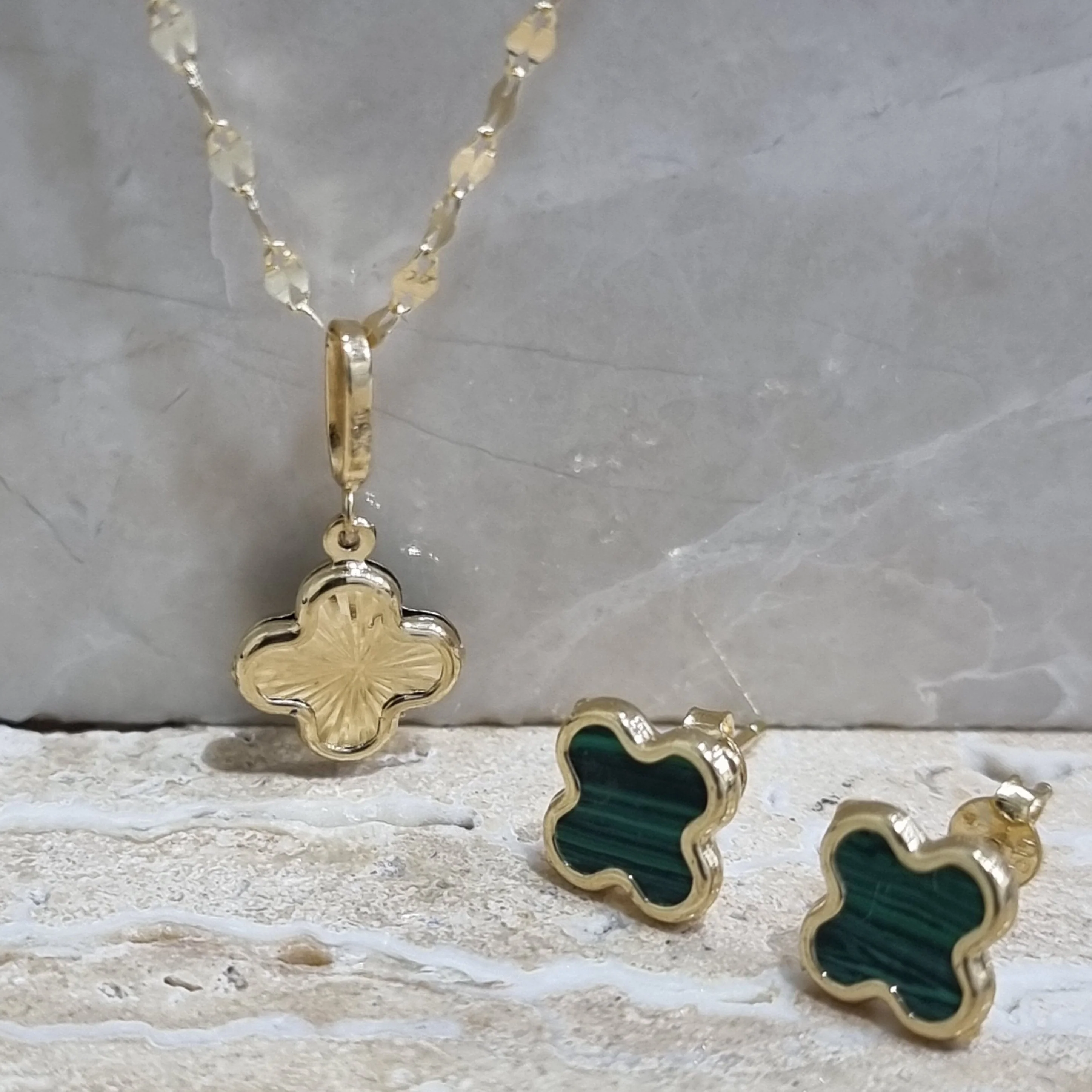 18K Pure Gold Green Flower Jewelry Set - Image 6