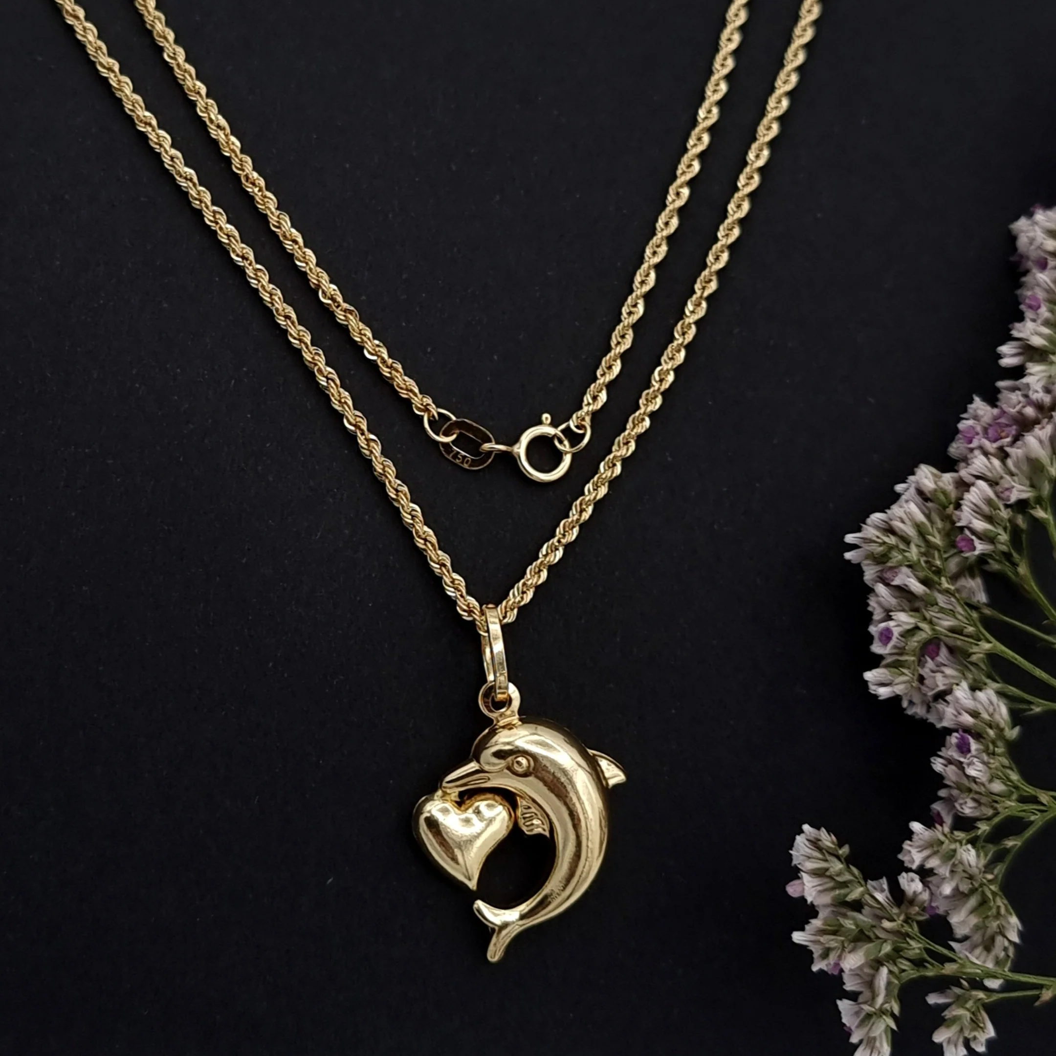 18K Pure Gold Heart Dolphin Necklace - Image 2