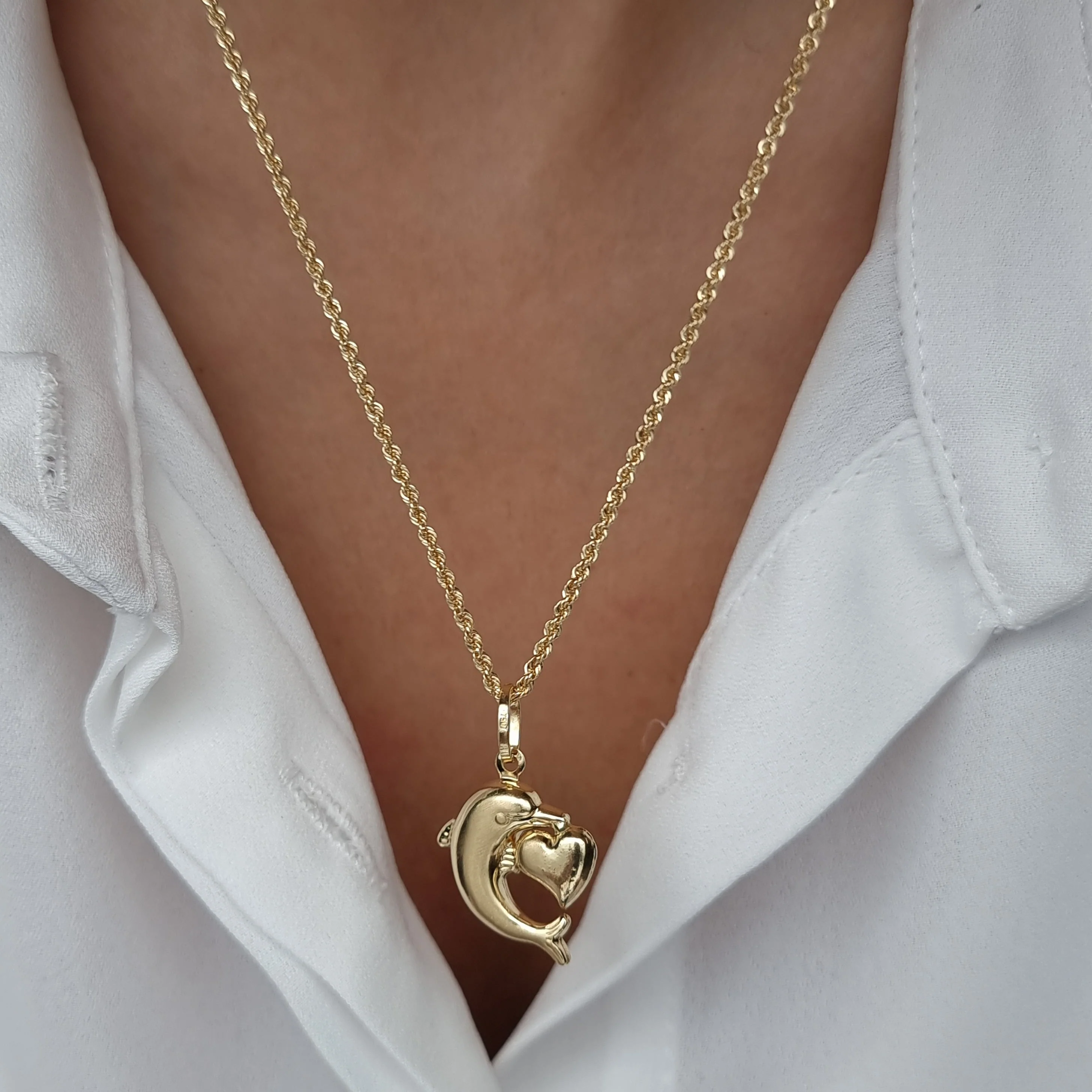 18K Pure Gold Heart Dolphin Necklace - Image 7