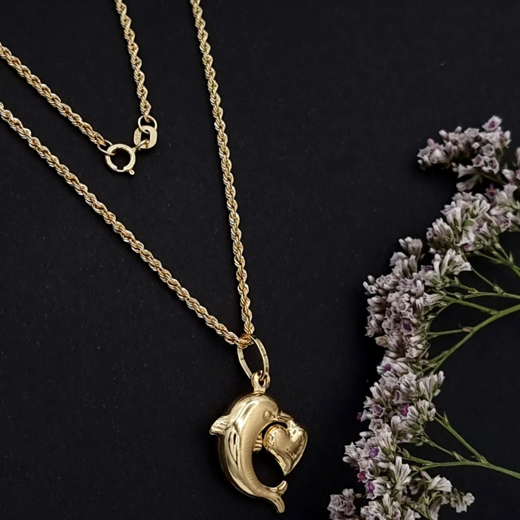 18K Pure Gold Heart Dolphin Necklace - Image 9