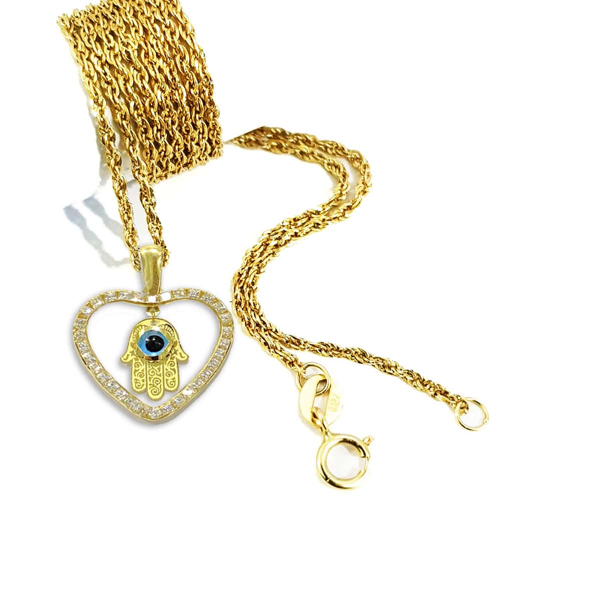 18k Pure Gold Heart Hand w/ Zircon Stone Pendant Necklace - Image 3