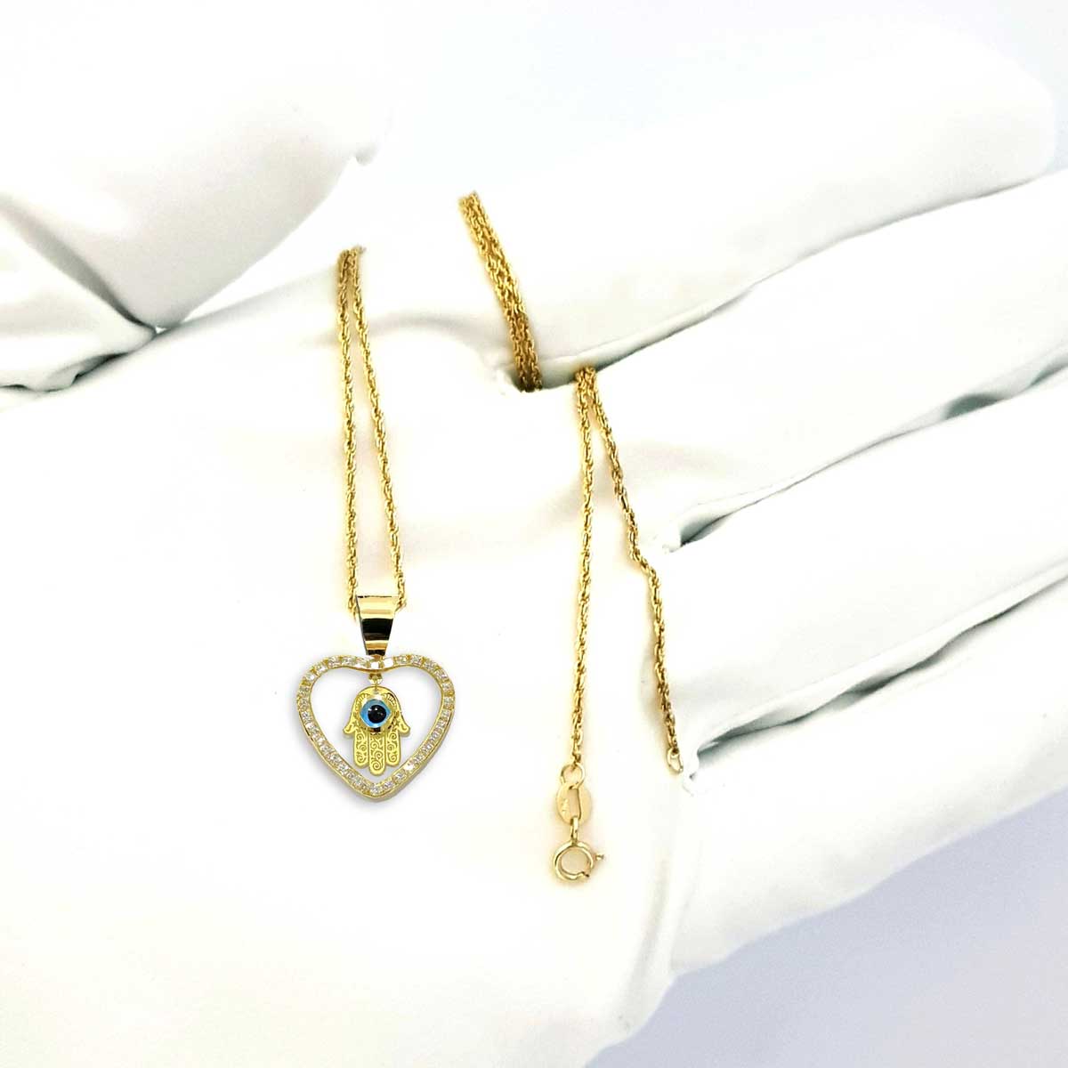 18k Pure Gold Heart Hand w/ Zircon Stone Pendant Necklace - Image 4