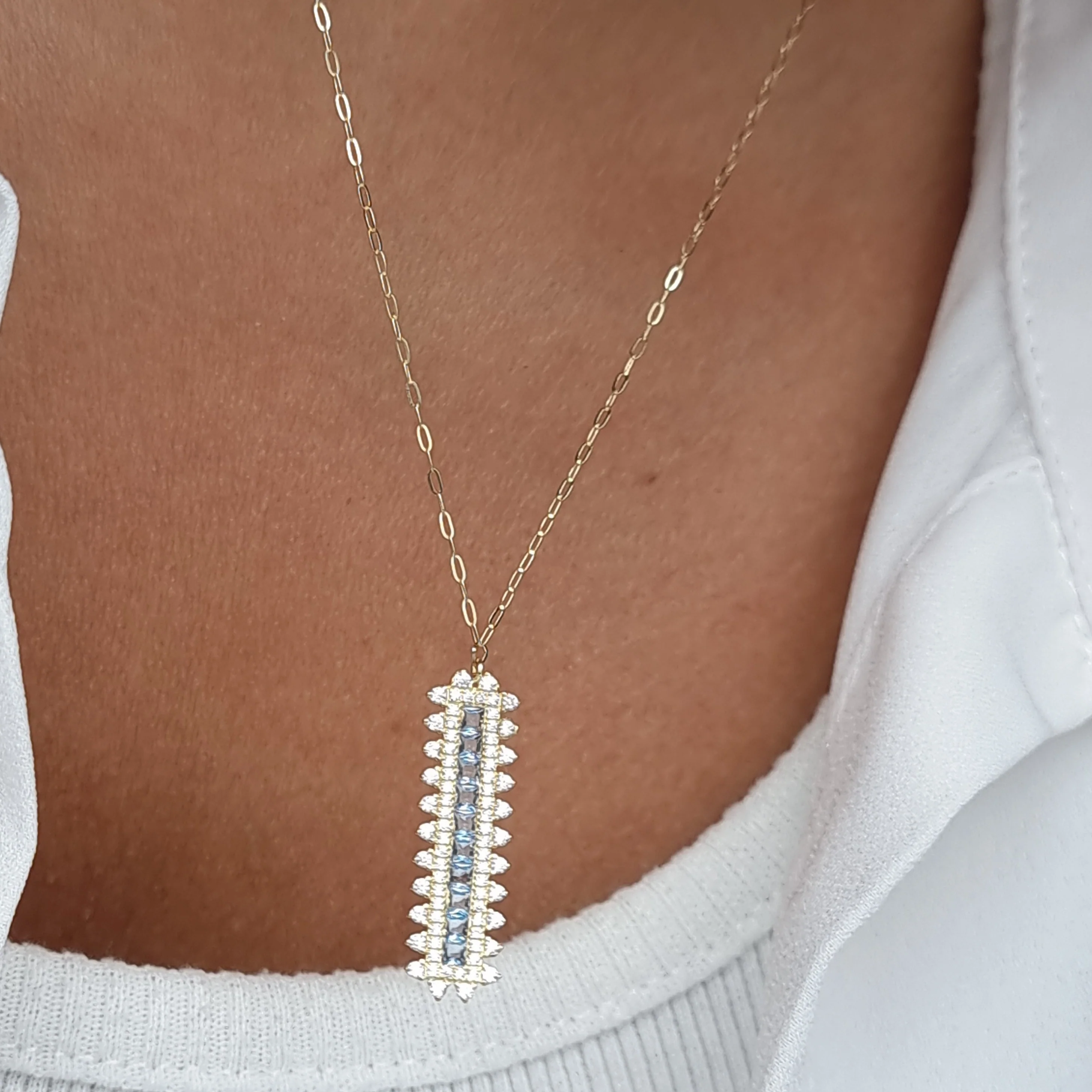18K Pure Gold Sky Blue Stone Necklace - Image 6