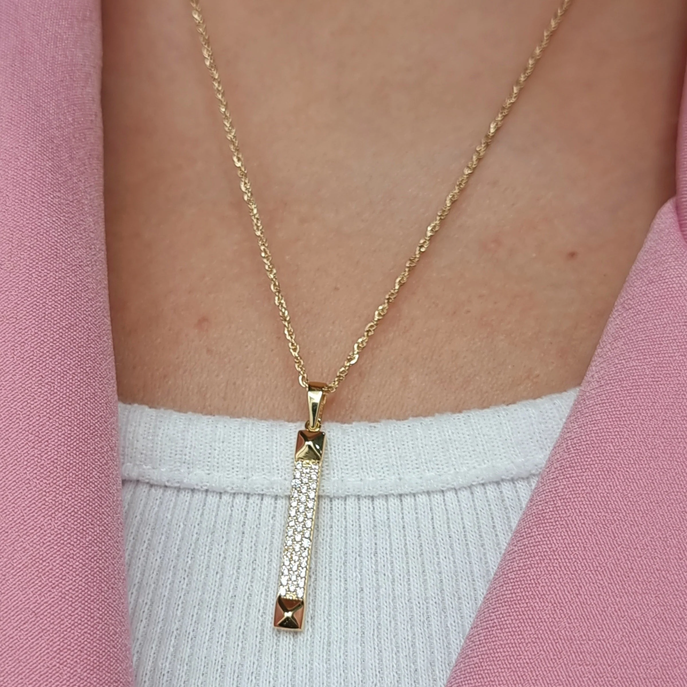 18K Pure Gold Stone Bar Necklace - Image 2