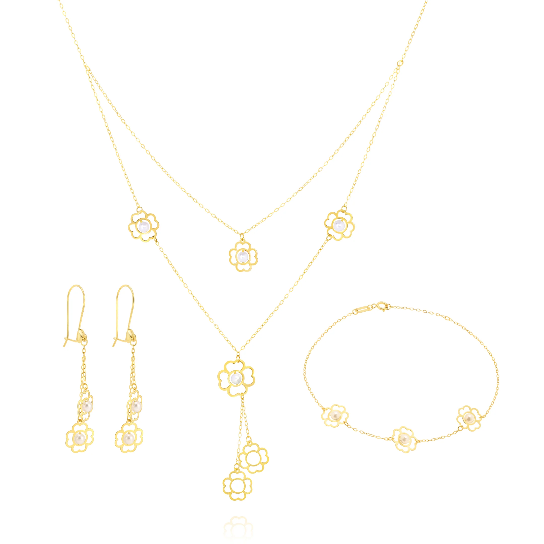 18K Pure Gold White Stone Flower Jewelry Set