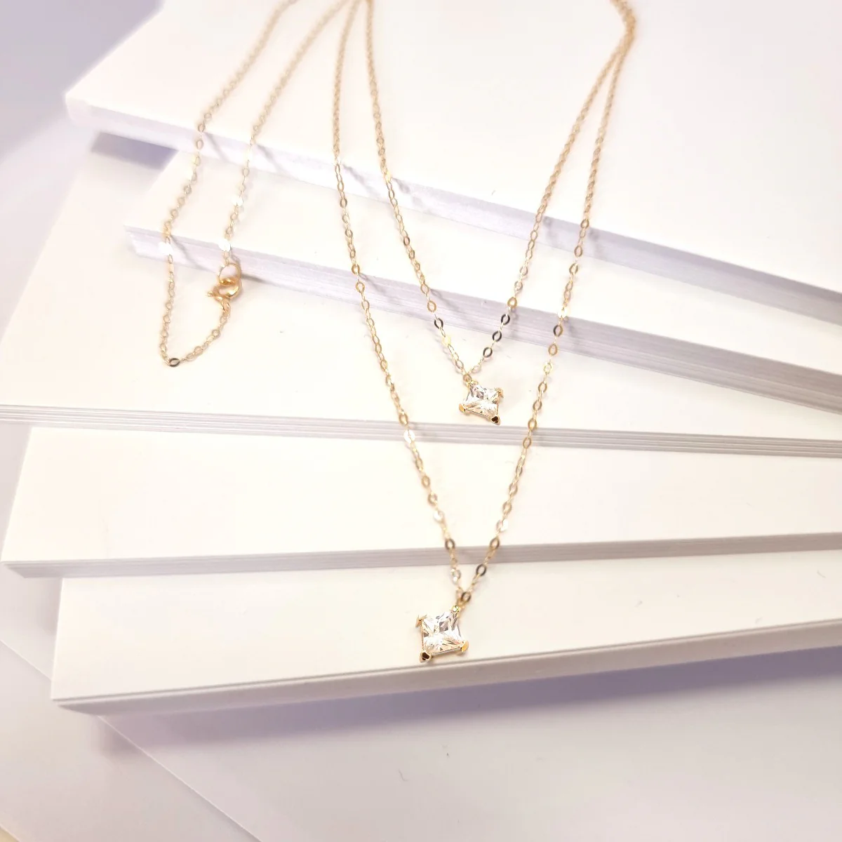 18K Pure Gold 2 Layer Diamond Shape Solitaire Necklace - Image 5