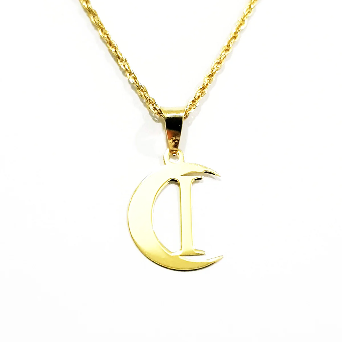 18K Pure Gold Halfmoon Letter I Design Necklace