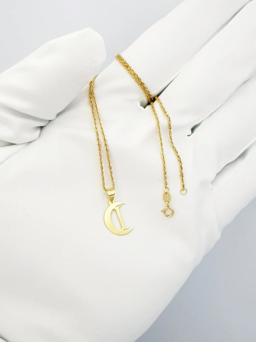 18K Pure Gold Halfmoon Letter I Design Necklace - Image 4