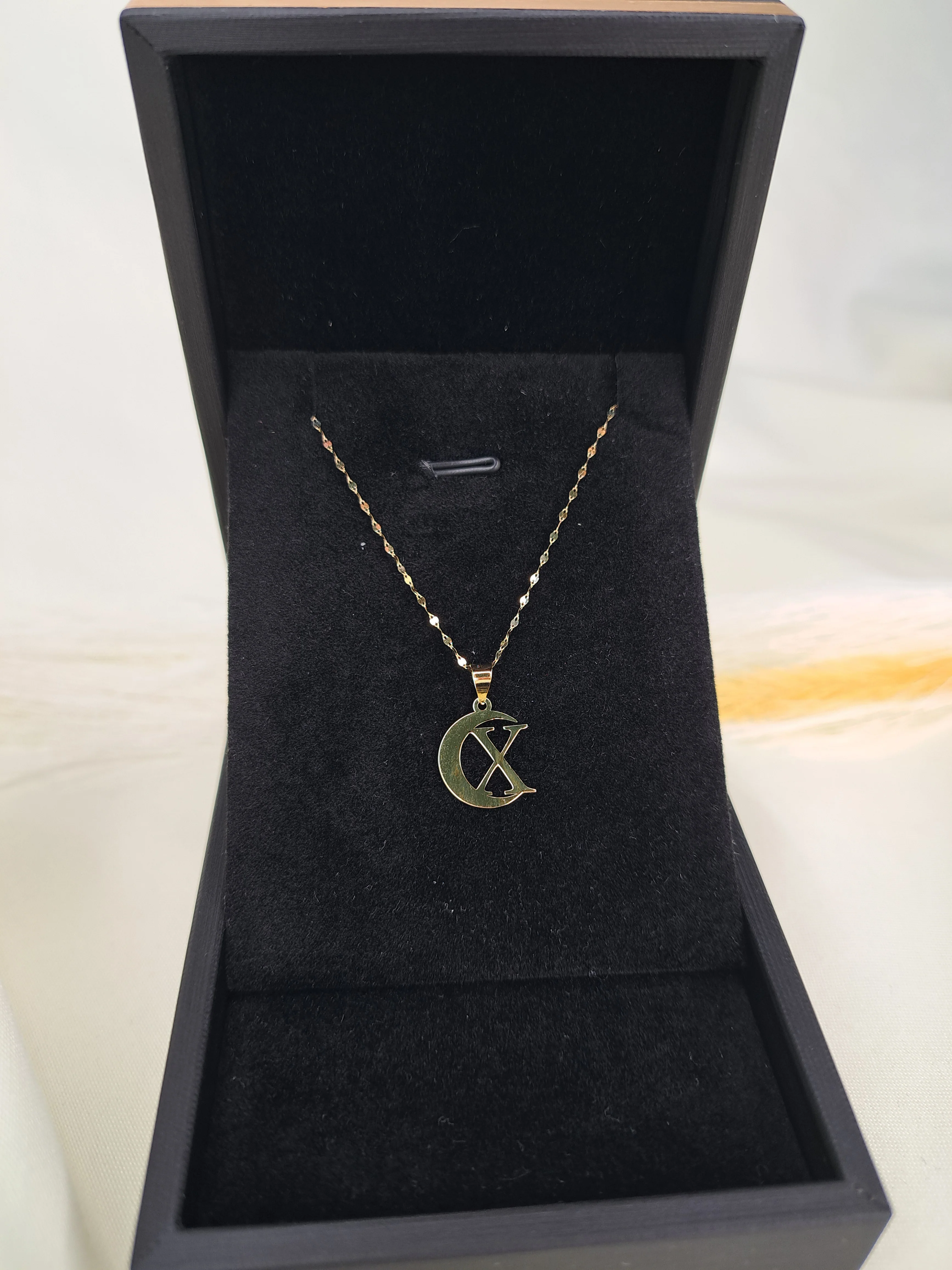 18K Pure Gold Halfmoon Letter X Design Necklace - Image 5