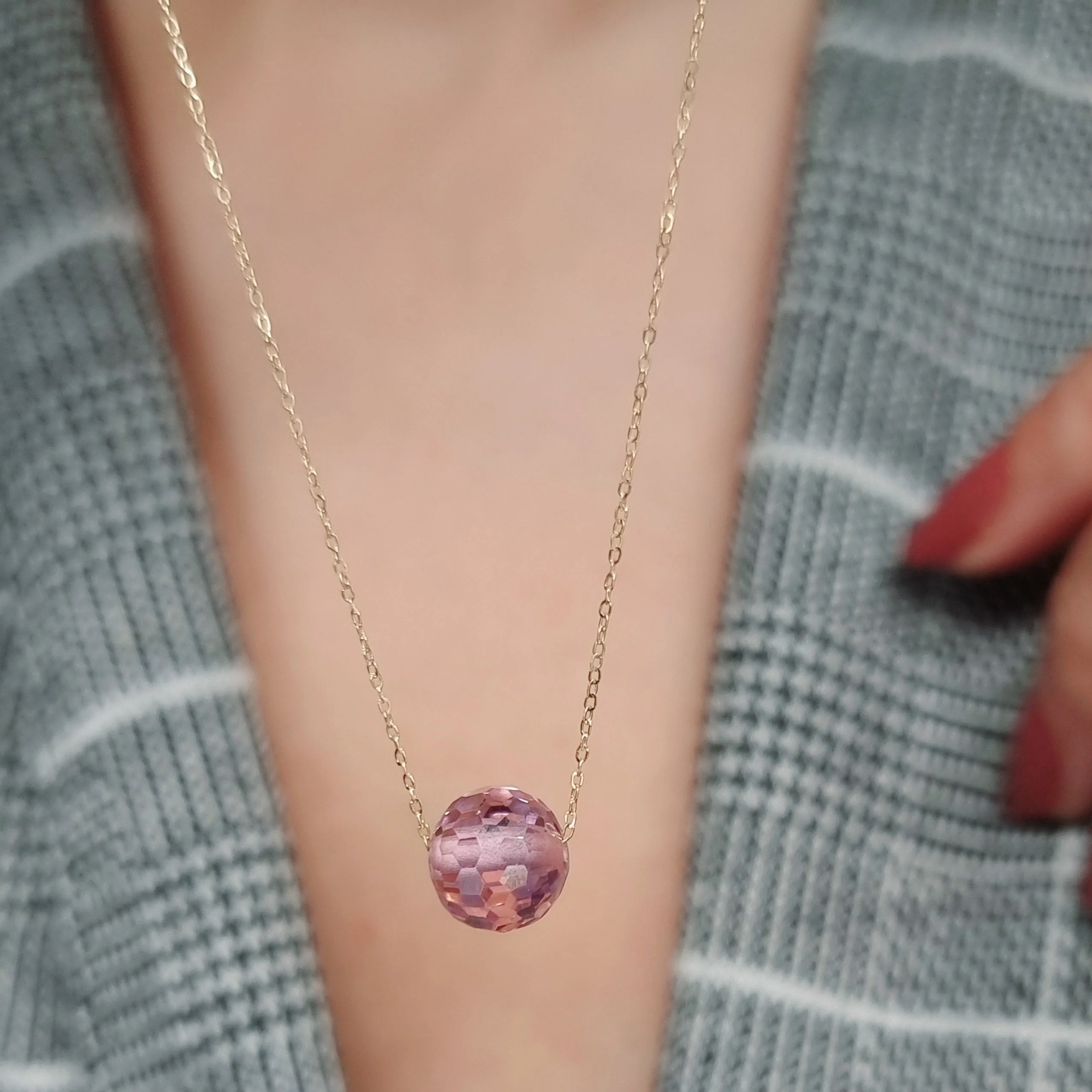 18K Pure Gold Pink Ball Stone Necklace