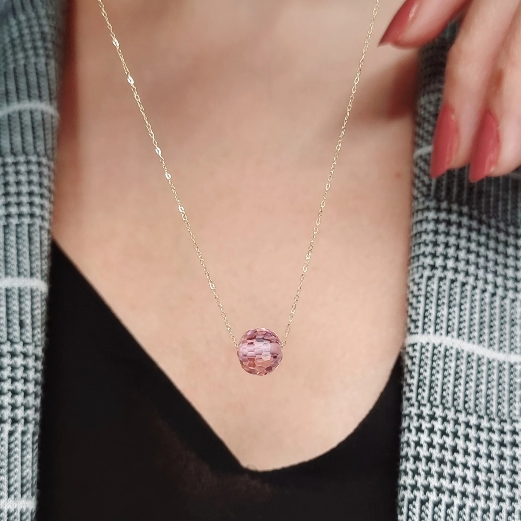 18K Pure Gold Pink Ball Stone Necklace - Image 2