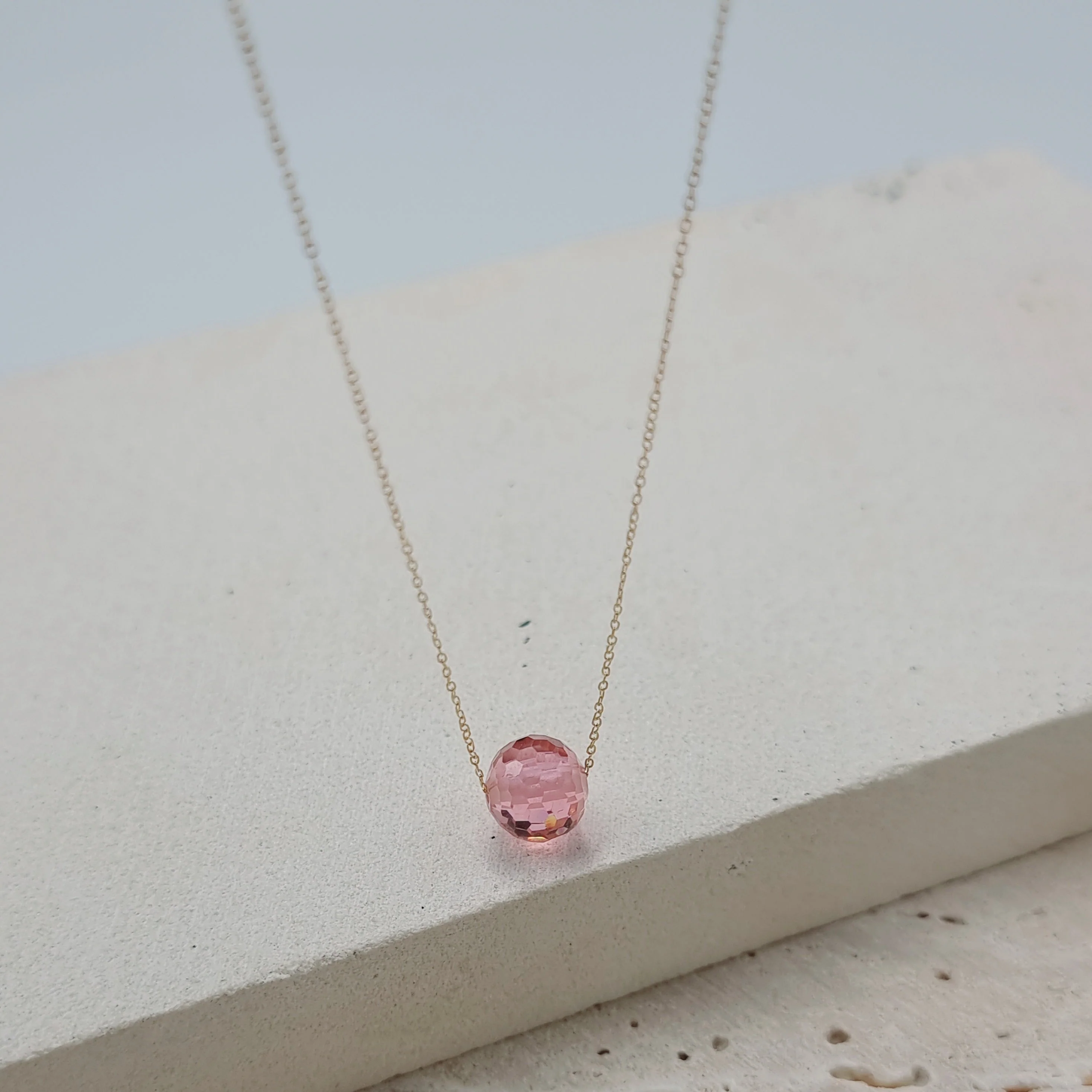 18K Pure Gold Pink Ball Stone Necklace - Image 3