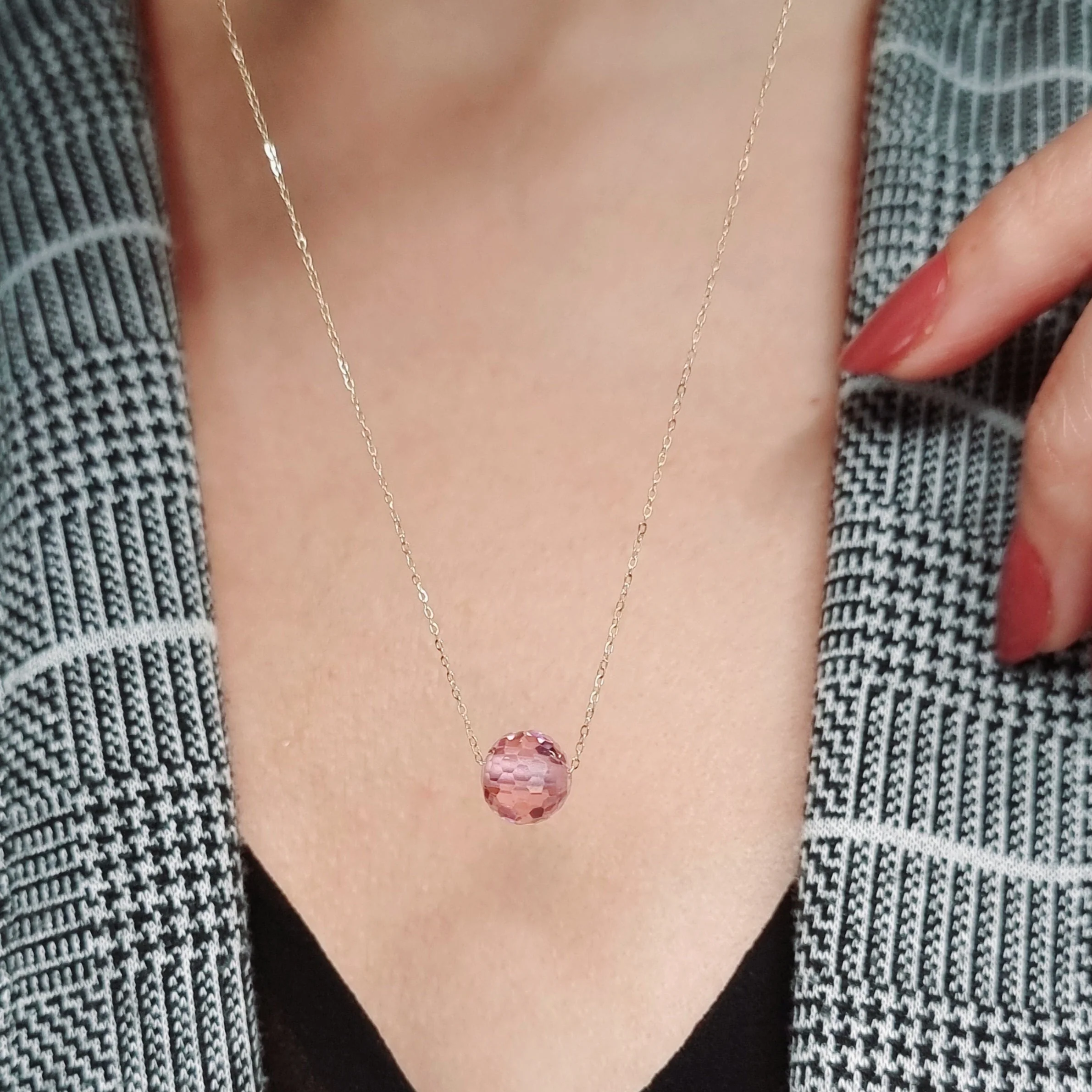 18K Pure Gold Pink Ball Stone Necklace - Image 4