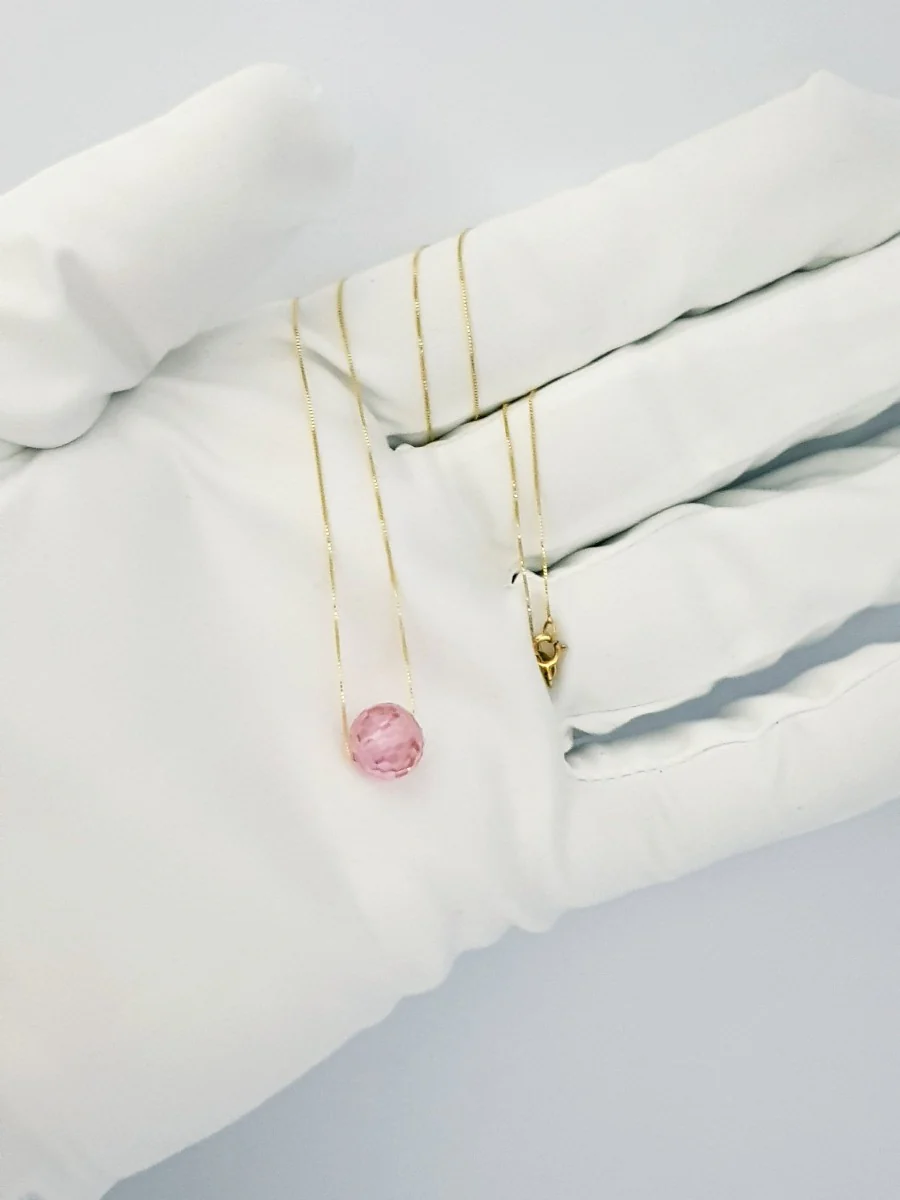 18K Pure Gold Pink Ball Stone Necklace - Image 8